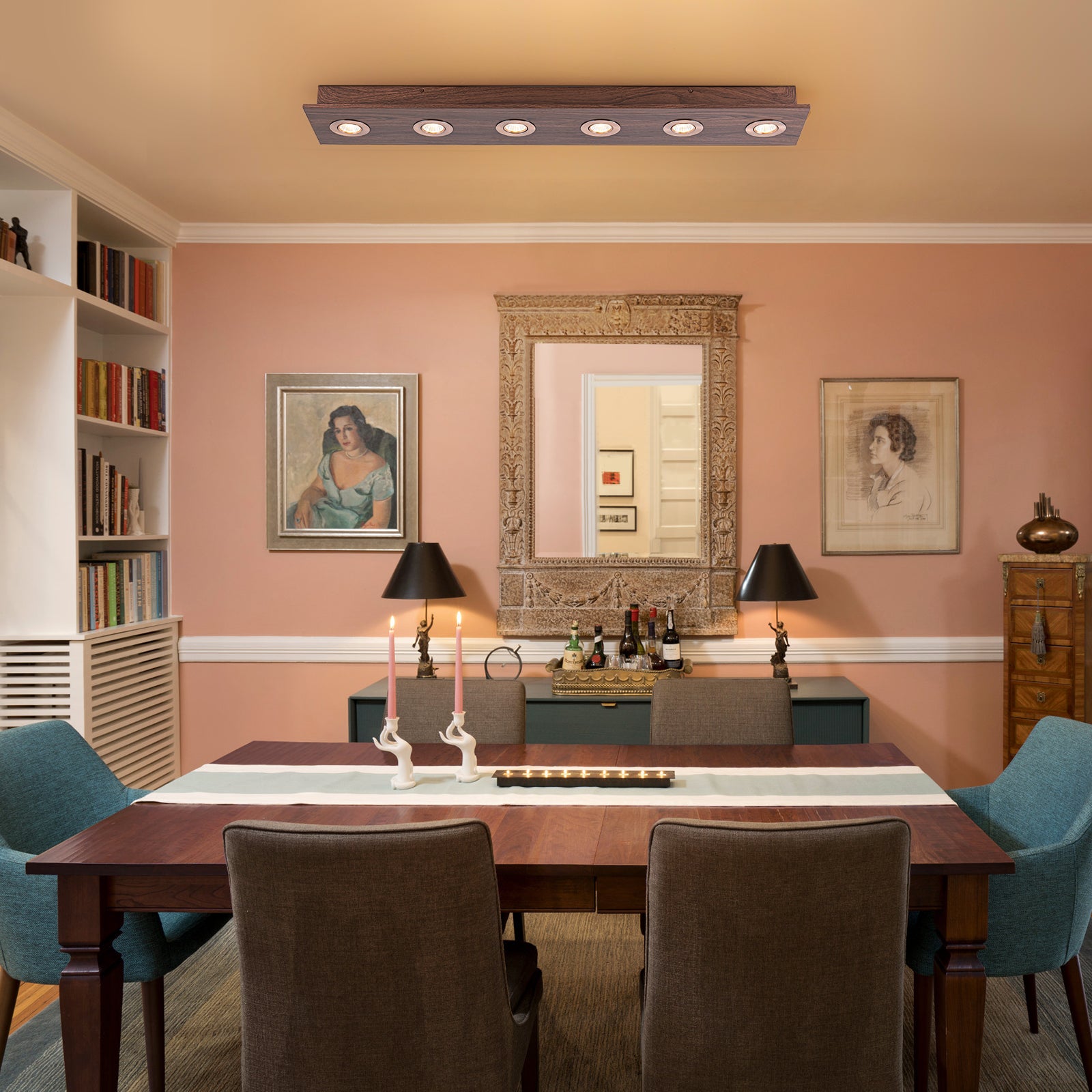 Glowlings 6-Light Modern 44"Wide Large Walnut Solid Wood Linear 5-CCT Switchable LED Flush Mount Track Directional Spotlight