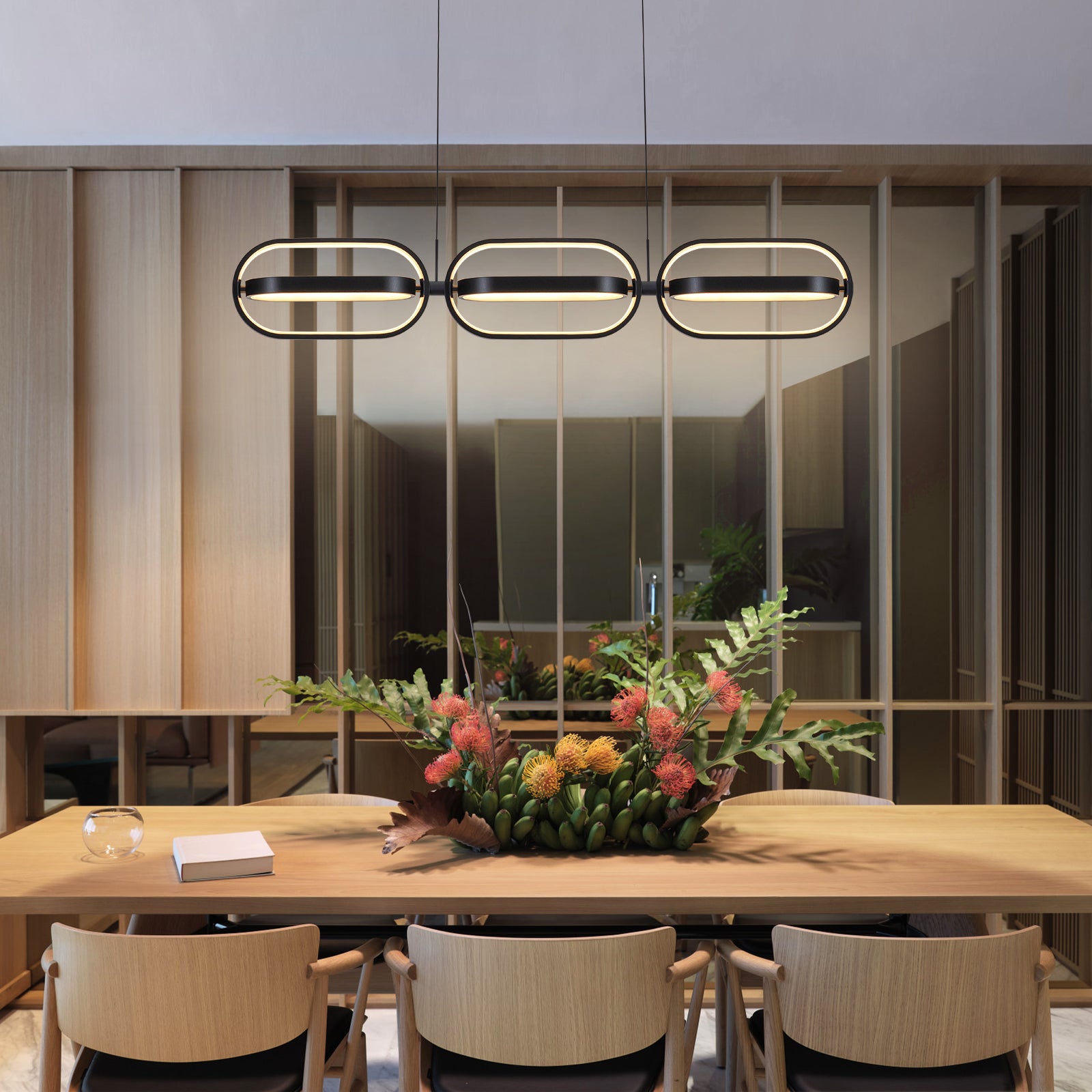 Glowlings 6-Light Modern 360°Rotate Mini Oval Linear LED Black Pendant Light for Kitchen Island