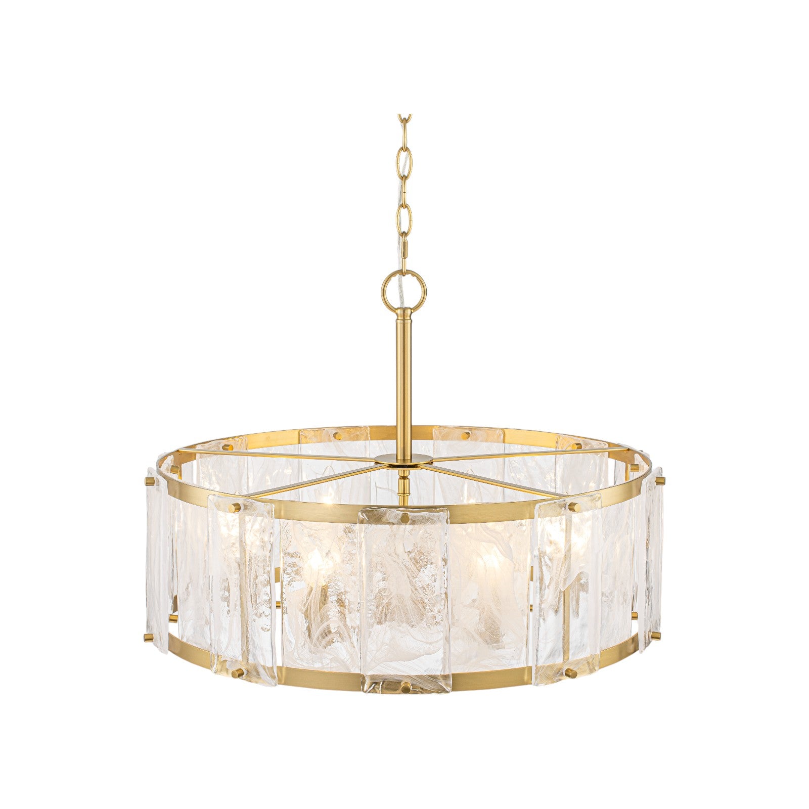 Glowlings 6-Light Modern 24"Wide Brass Drum Chandelier with Clear Cloud Textured Glass Panels