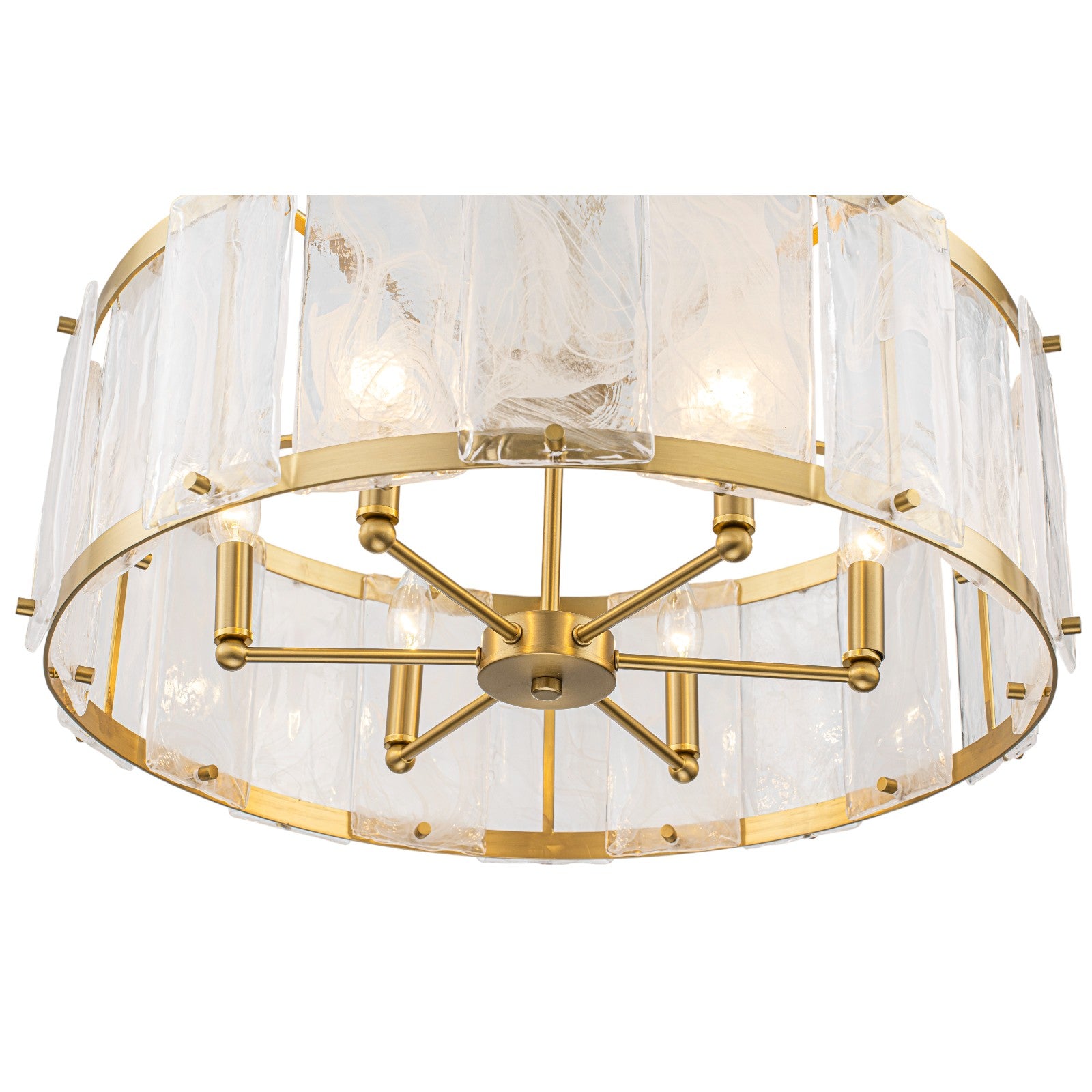Glowlings 6-Light Modern 24"Wide Brass Drum Chandelier with Clear Cloud Textured Glass Panels