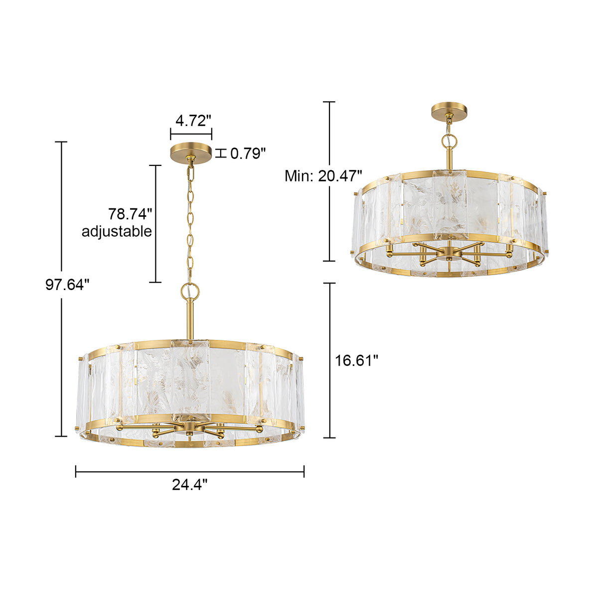 Glowlings 6-Light Modern 24"Wide Brass Drum Chandelier with Clear Cloud Textured Glass Panels