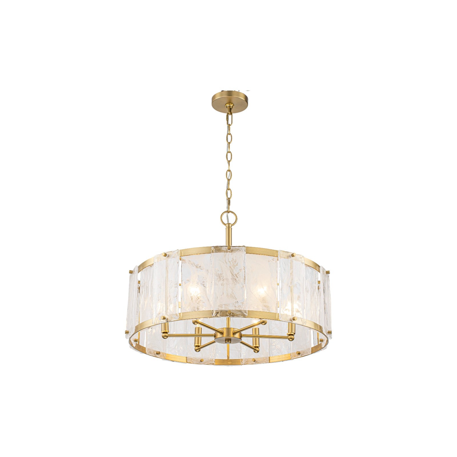 Glowlings 6-Light Modern 24"Wide Brass Drum Chandelier with Clear Cloud Textured Glass Panels