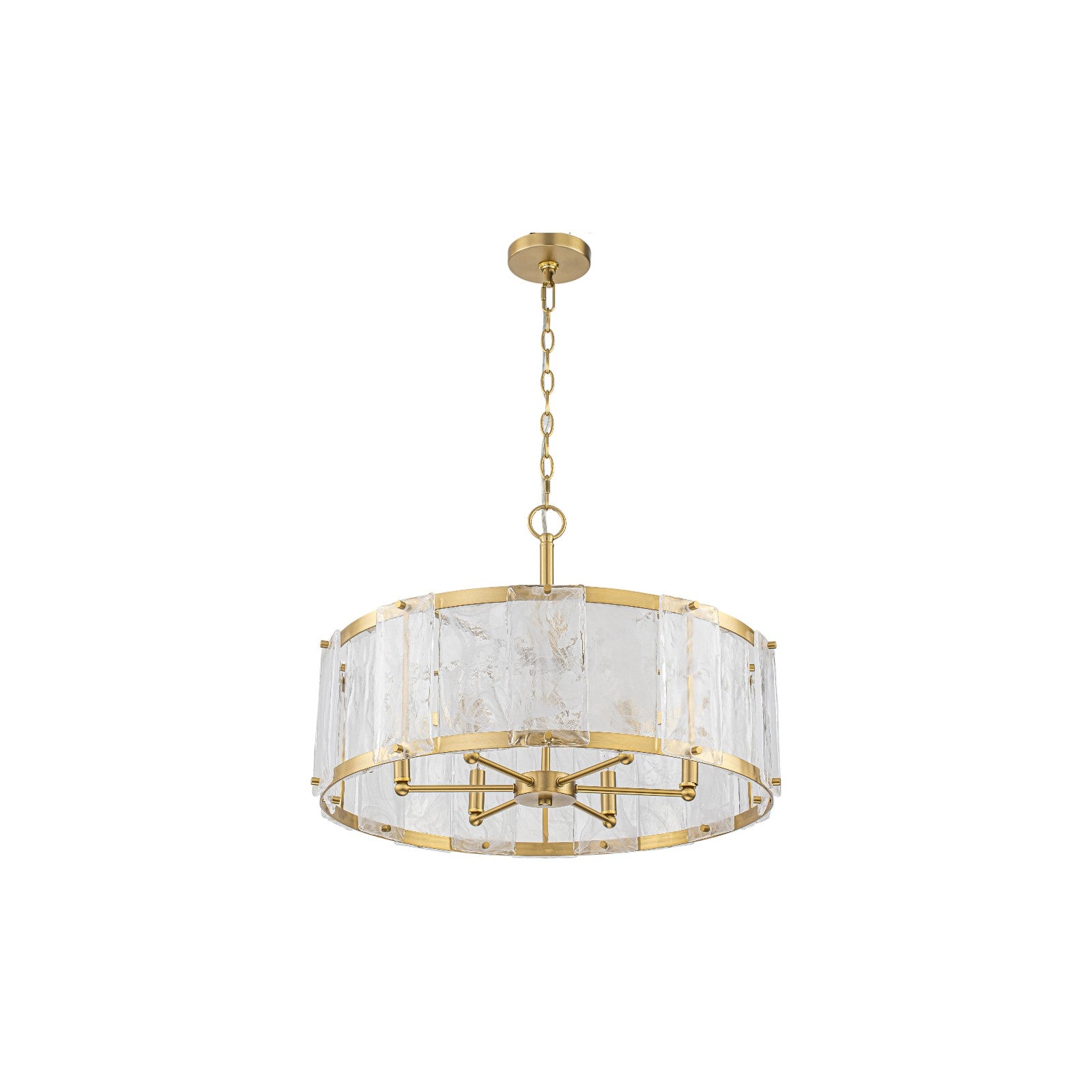 Glowlings 6-Light Modern 24"Wide Brass Drum Chandelier with Clear Cloud Textured Glass Panels