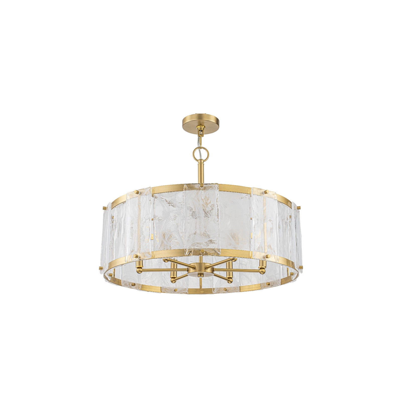 Glowlings 6-Light Modern 24"Wide Brass Drum Chandelier with Clear Cloud Textured Glass Panels