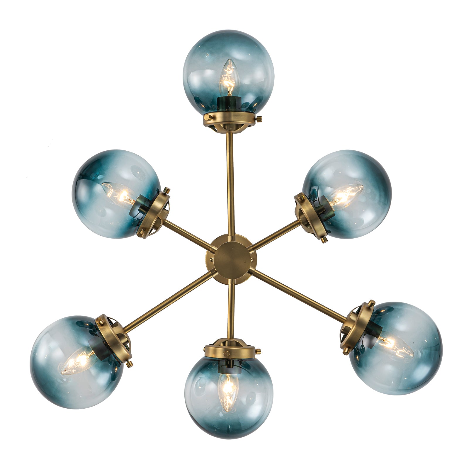 Glowlings 6/8-Light Modern Large Brass Gradient Blue Glass Linear Sputnik Chandelier/Semi-Flush Mount