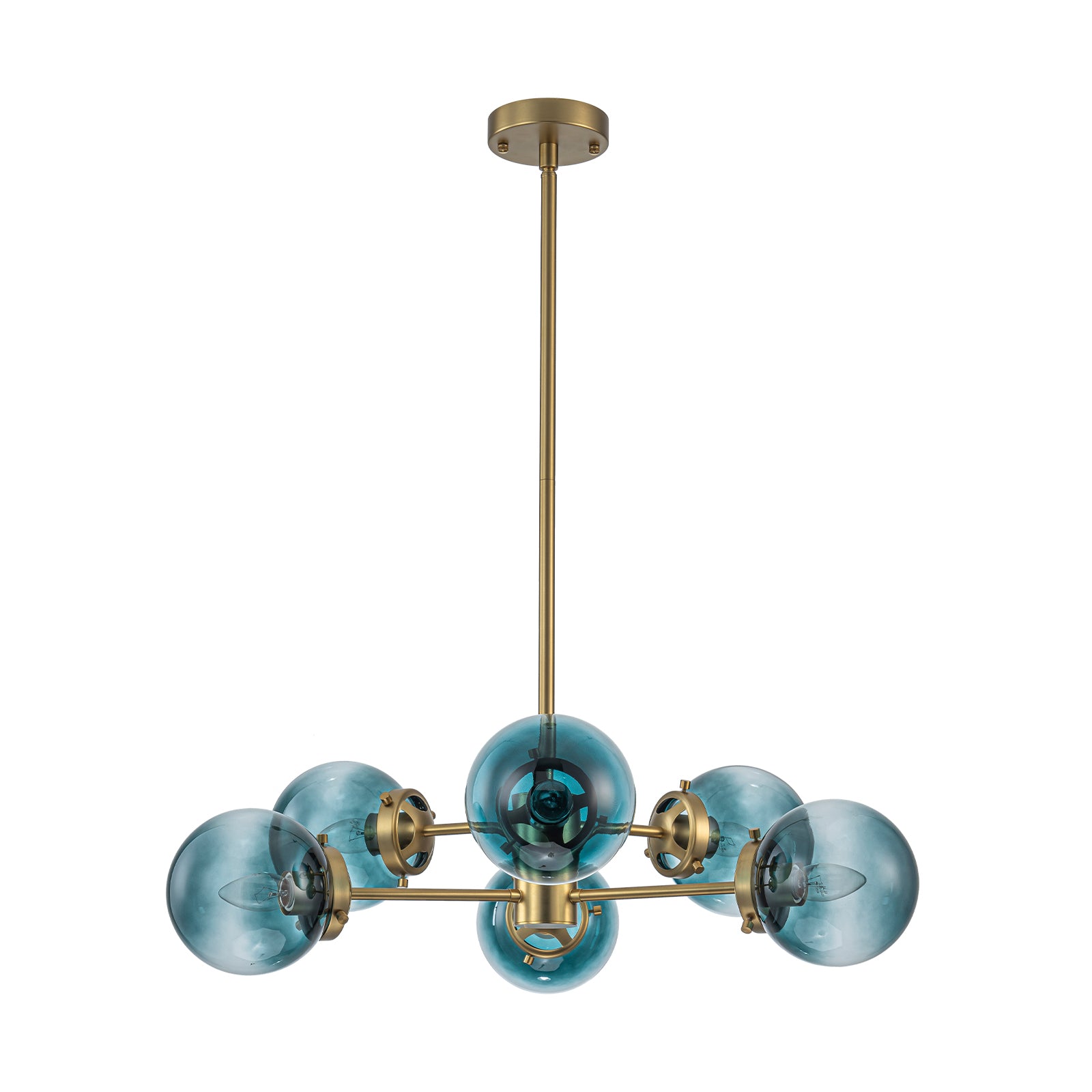 Glowlings 6/8-Light Modern Large Brass Gradient Blue Glass Linear Sputnik Chandelier/Semi-Flush Mount