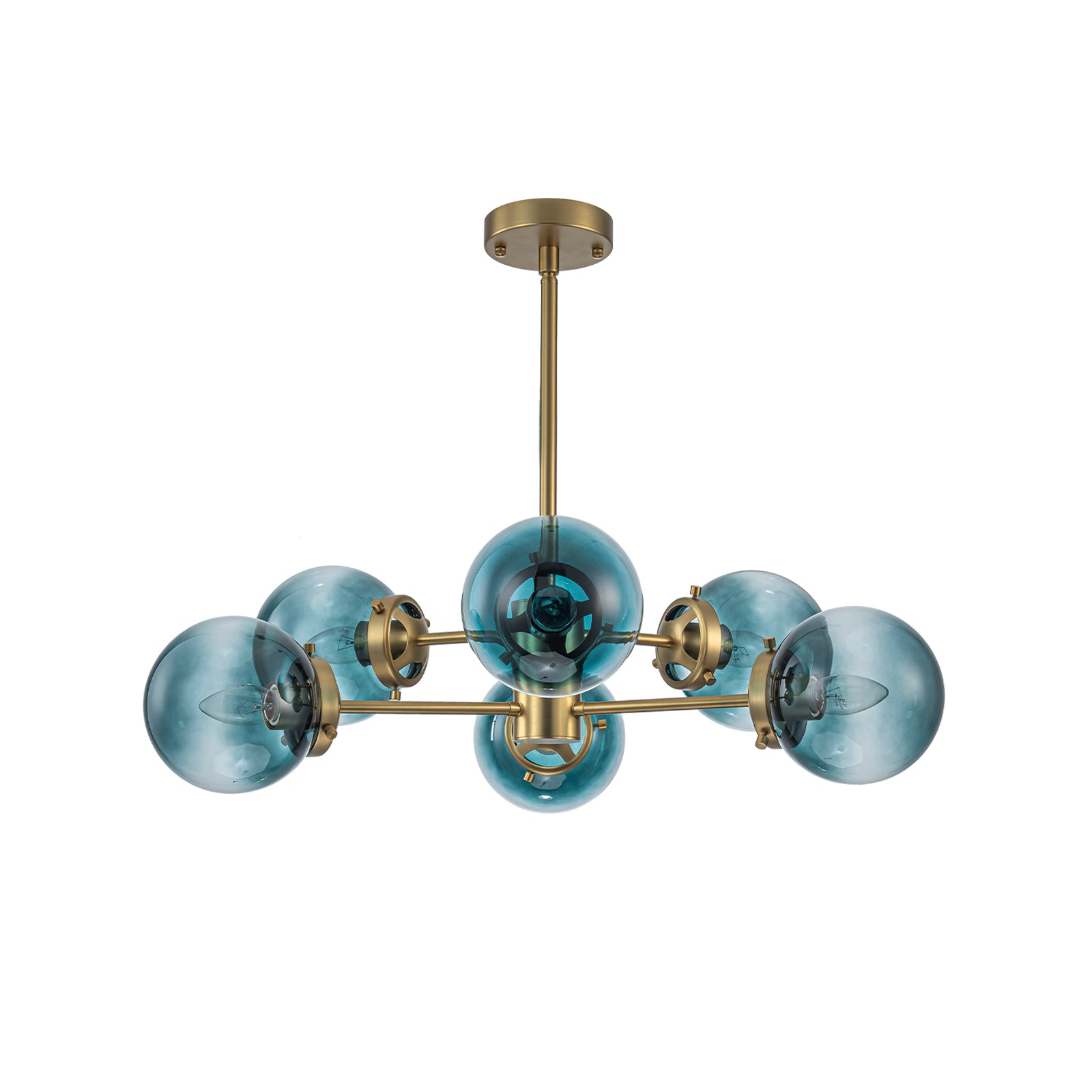 Glowlings 6/8-Light Modern Large Brass Gradient Blue Glass Linear Sputnik Chandelier/Semi-Flush Mount