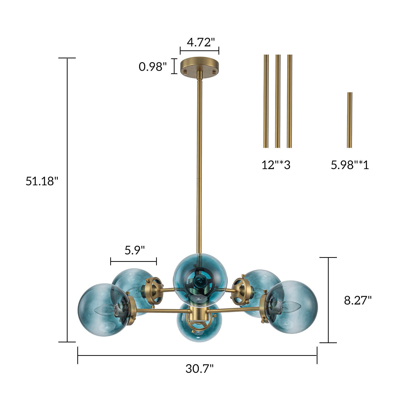 Glowlings 6/8-Light Modern Large Brass Gradient Blue Glass Linear Sputnik Chandelier/Semi-Flush Mount