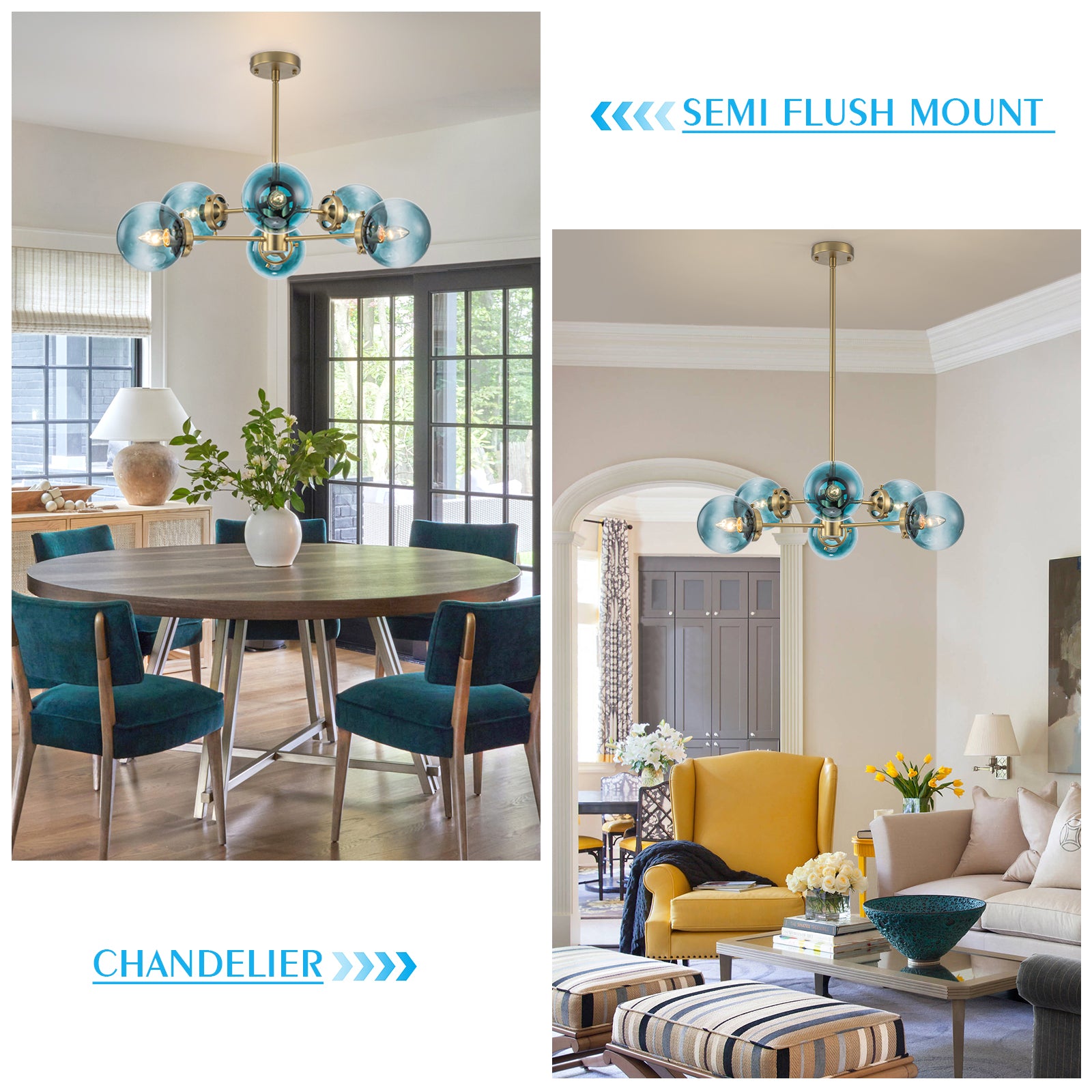 Glowlings 6/8-Light Modern Large Brass Gradient Blue Glass Linear Sputnik Chandelier/Semi-Flush Mount