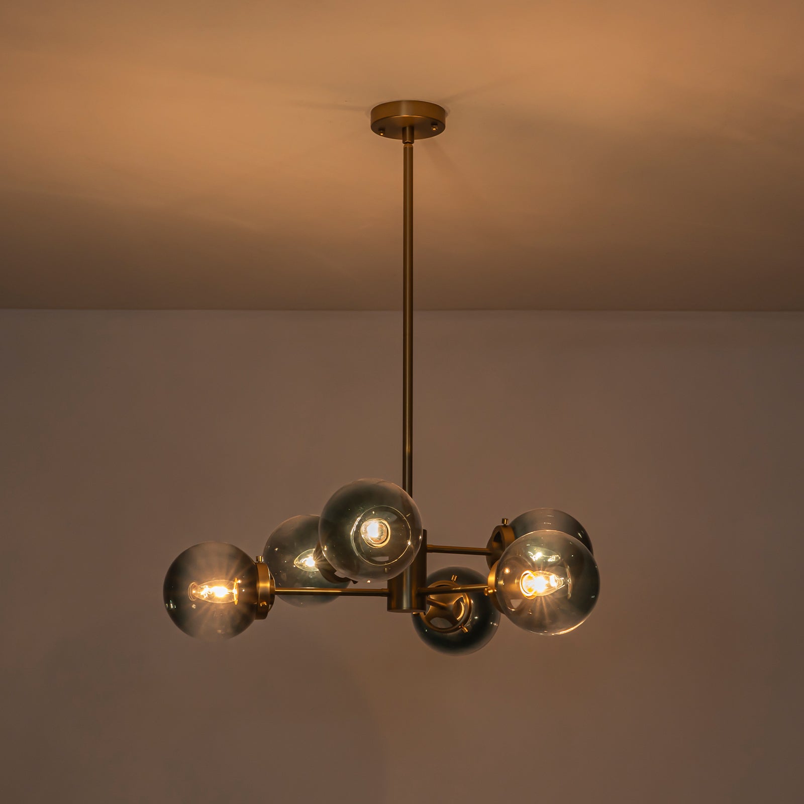 Glowlings 6/8-Light Modern Large Brass Gradient Blue Glass Linear Sputnik Chandelier/Semi-Flush Mount