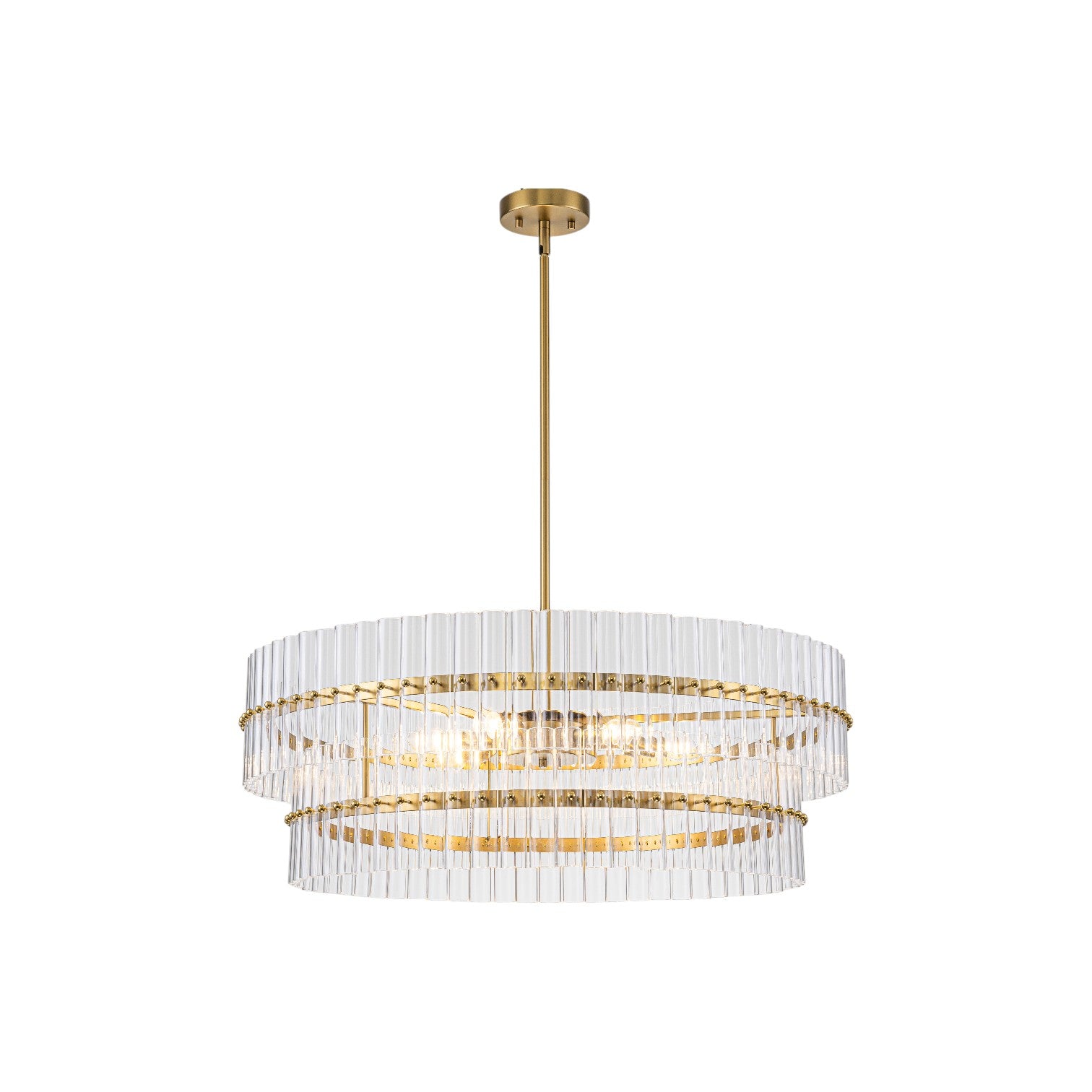 Glowlings 6-Light Modern 30"Wide Large Brass Tiered Glass Rod Chandelier 2-Tier Round Ceiling Light Fixture