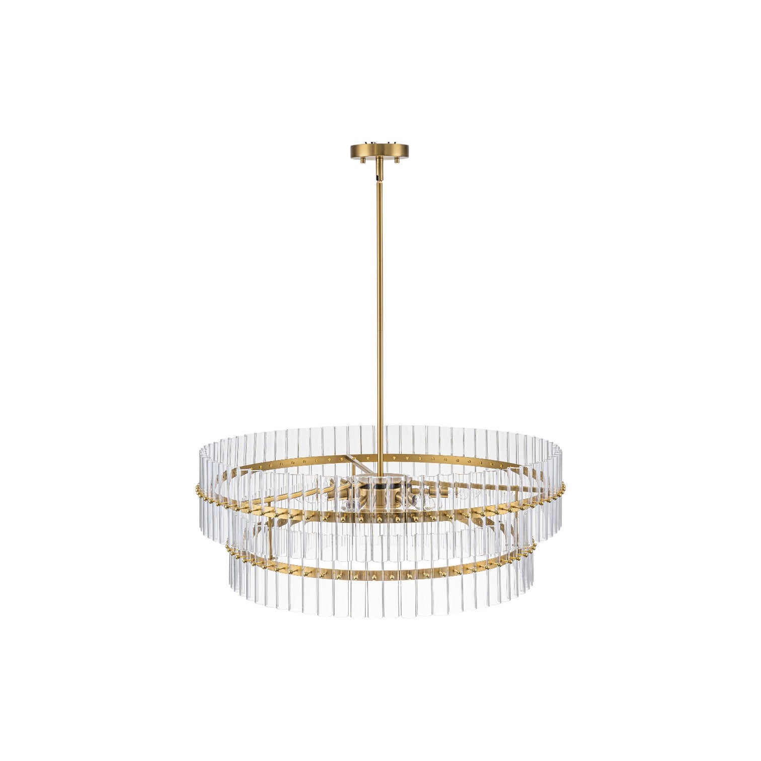 Glowlings 6-Light Modern 30"Wide Large Brass Tiered Glass Rod Chandelier 2-Tier Round Ceiling Light Fixture