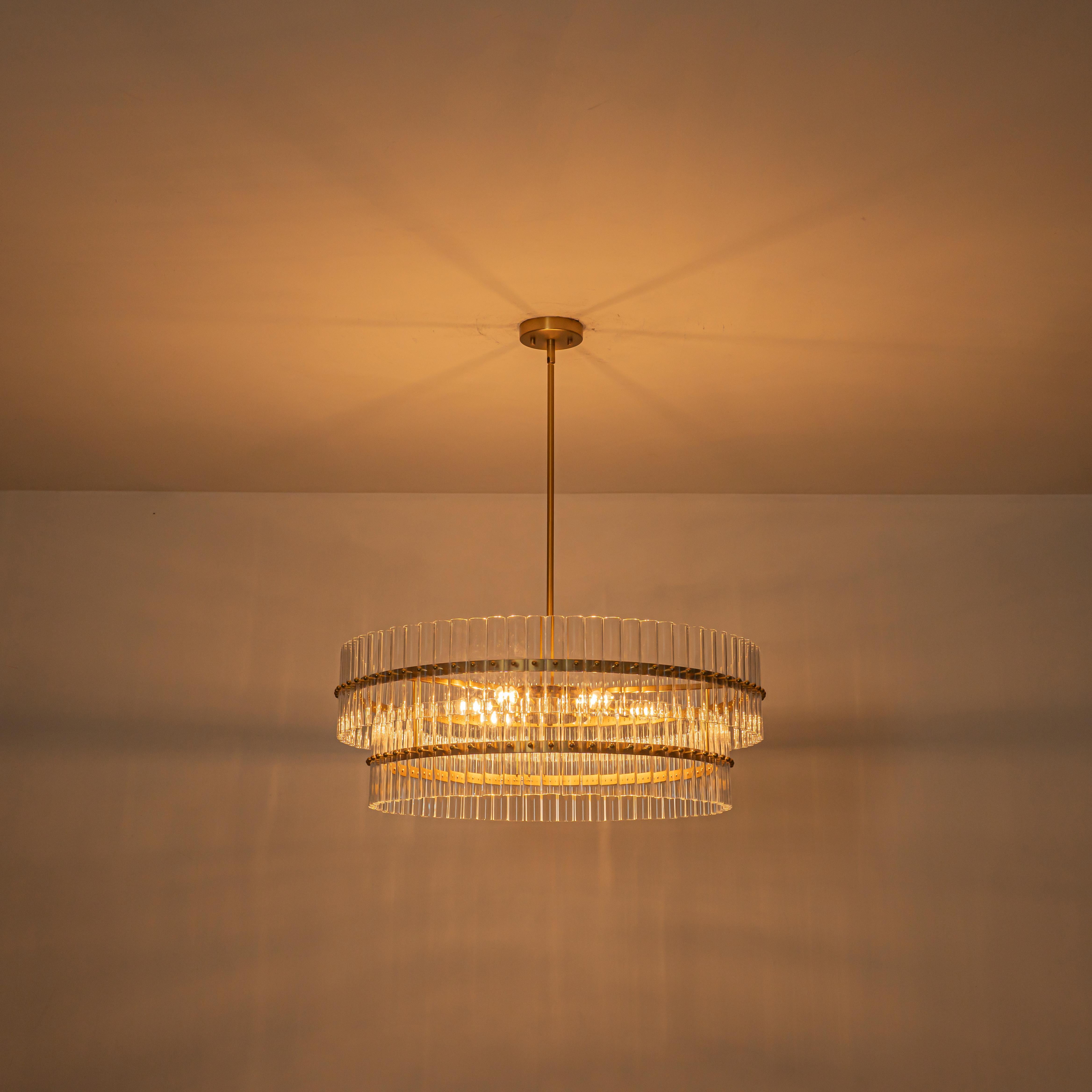Glowlings 6-Light Modern 30"Wide Large Brass Tiered Glass Rod Chandelier 2-Tier Round Ceiling Light Fixture