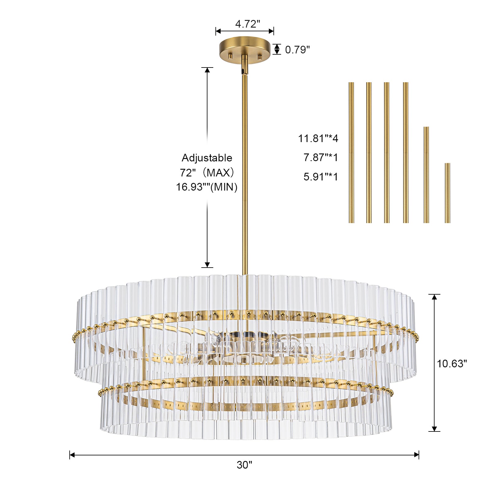 Glowlings 6-Light Modern 30"Wide Large Brass Tiered Glass Rod Chandelier 2-Tier Round Ceiling Light Fixture