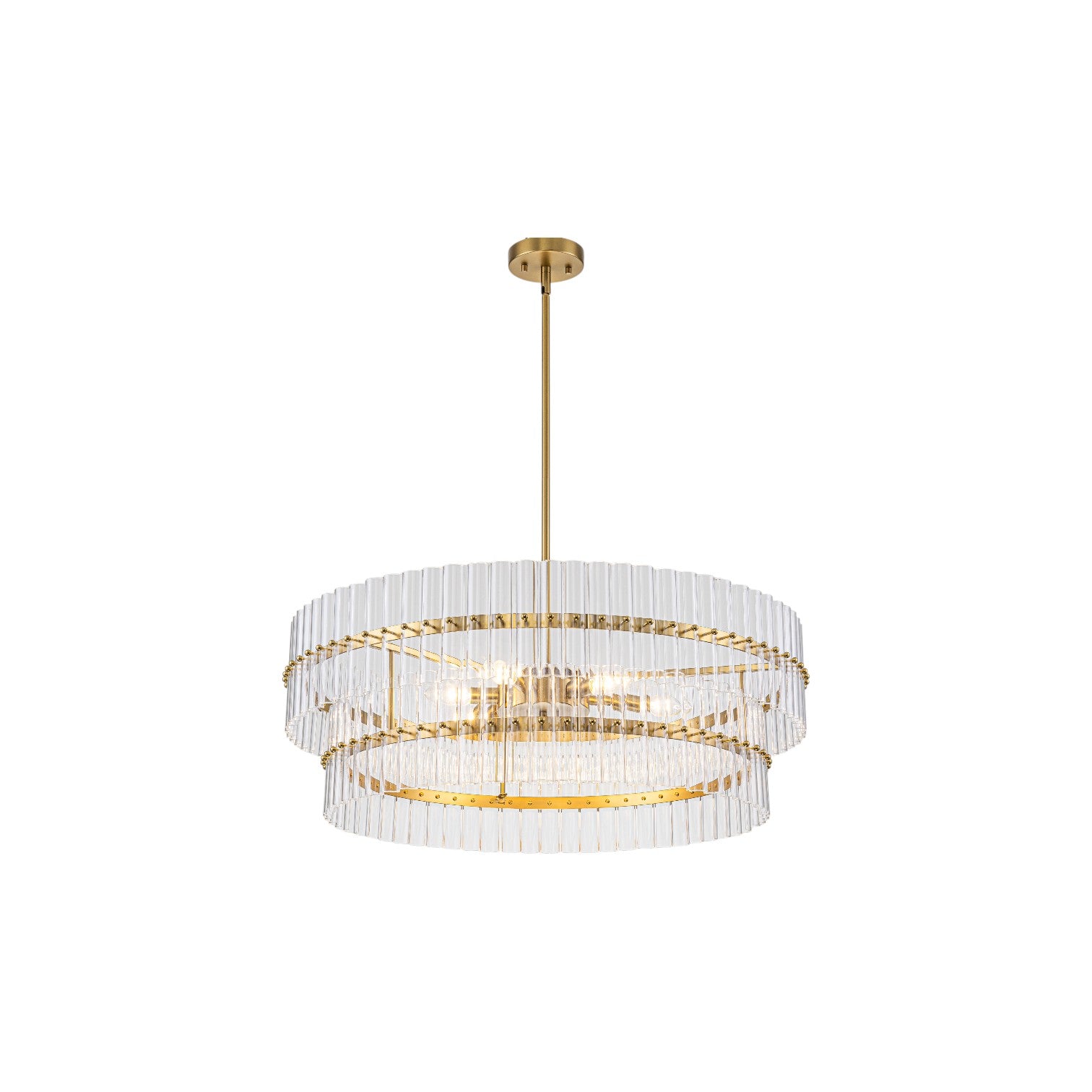 Glowlings 6-Light Modern 30"Wide Large Brass Tiered Glass Rod Chandelier 2-Tier Round Ceiling Light Fixture