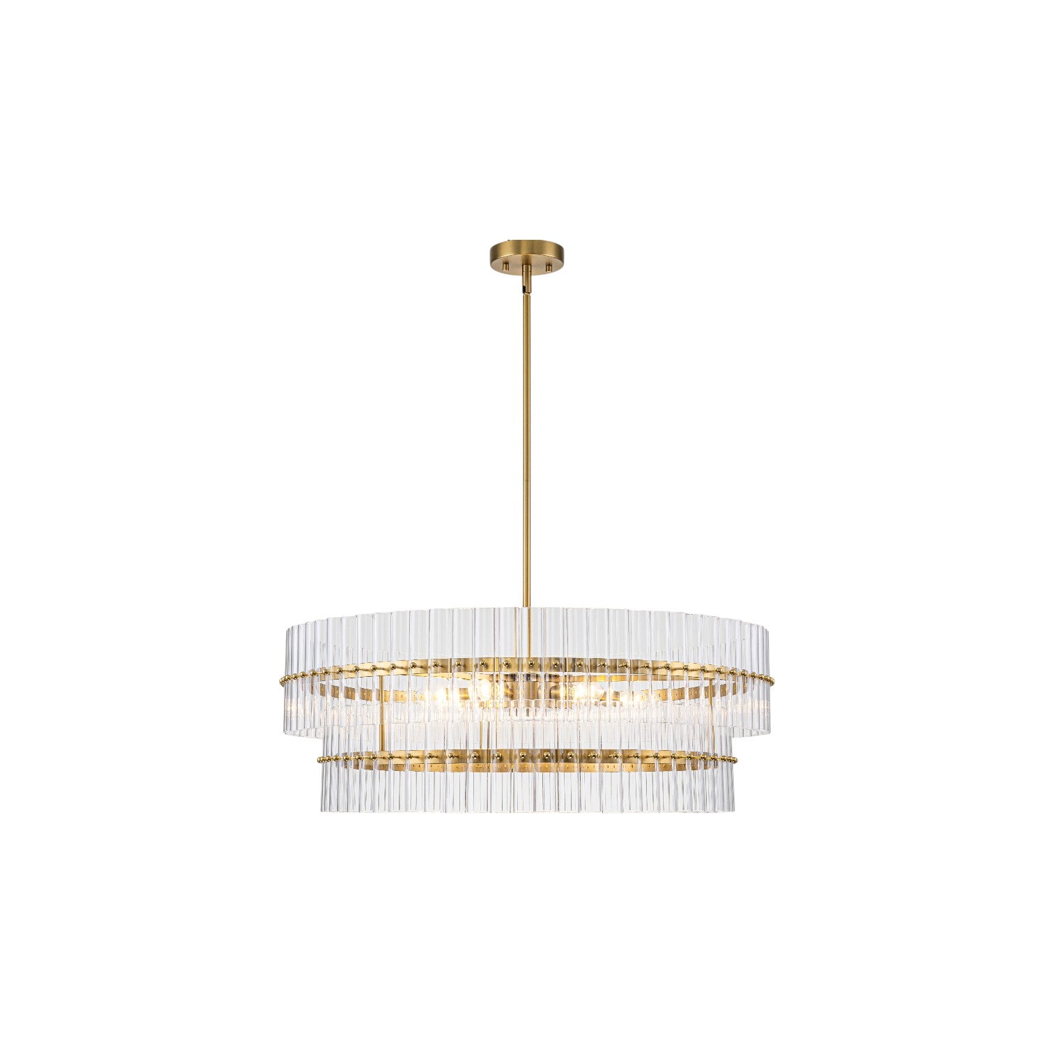 Glowlings 6-Light Modern 30"Wide Large Brass Tiered Glass Rod Chandelier 2-Tier Round Ceiling Light Fixture