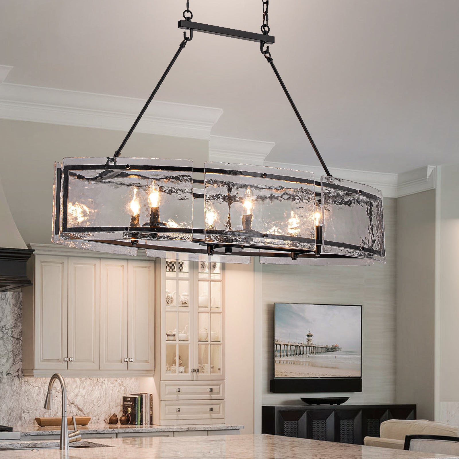 Glowlings 6-Light Modern 39"Wide Large Linear Water Ripple Clear Glass Chandelier