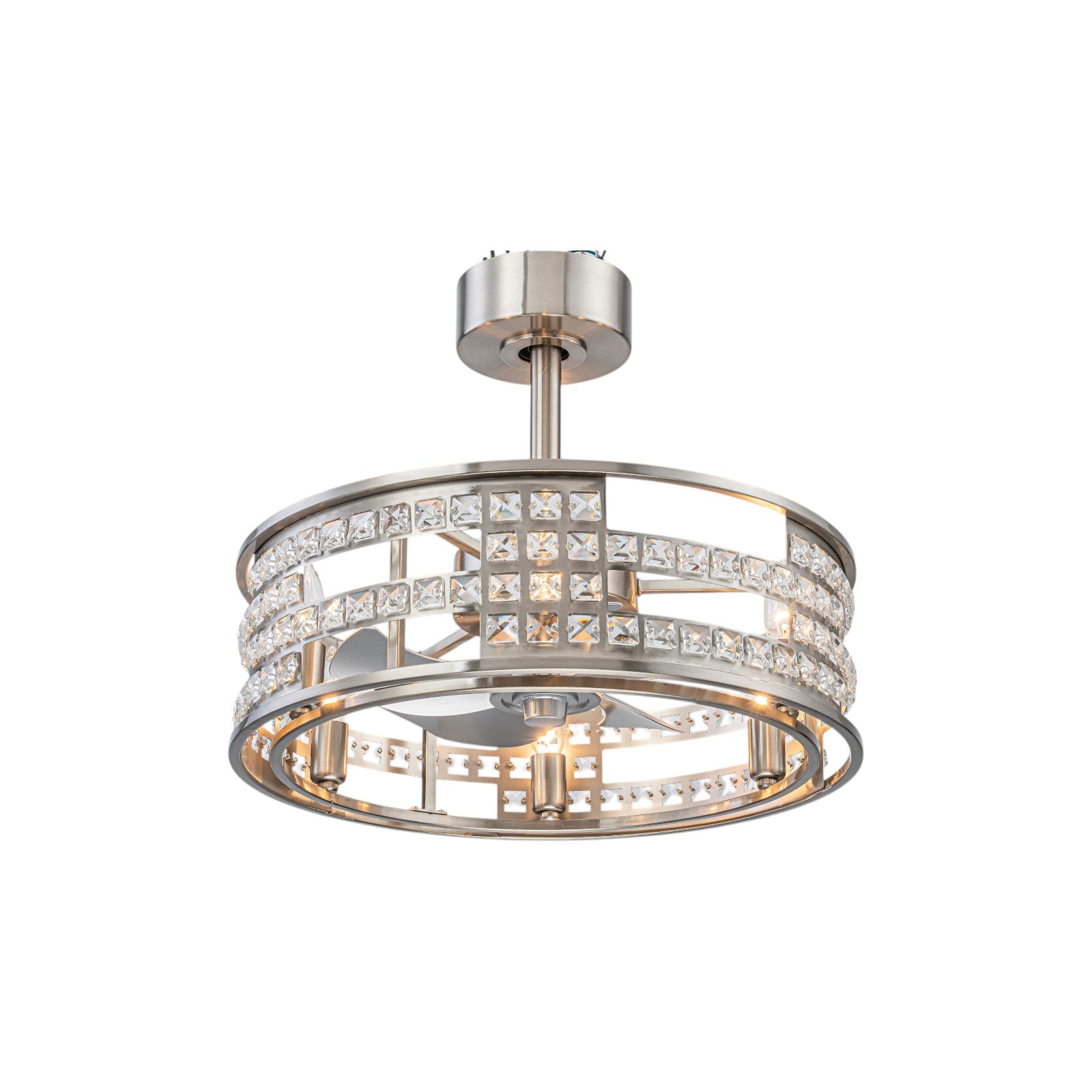 Glowlings 6-Light Modern Nickel Cage Crystal Fandelier Ceiling Fan with Lights and Remote Low Profile