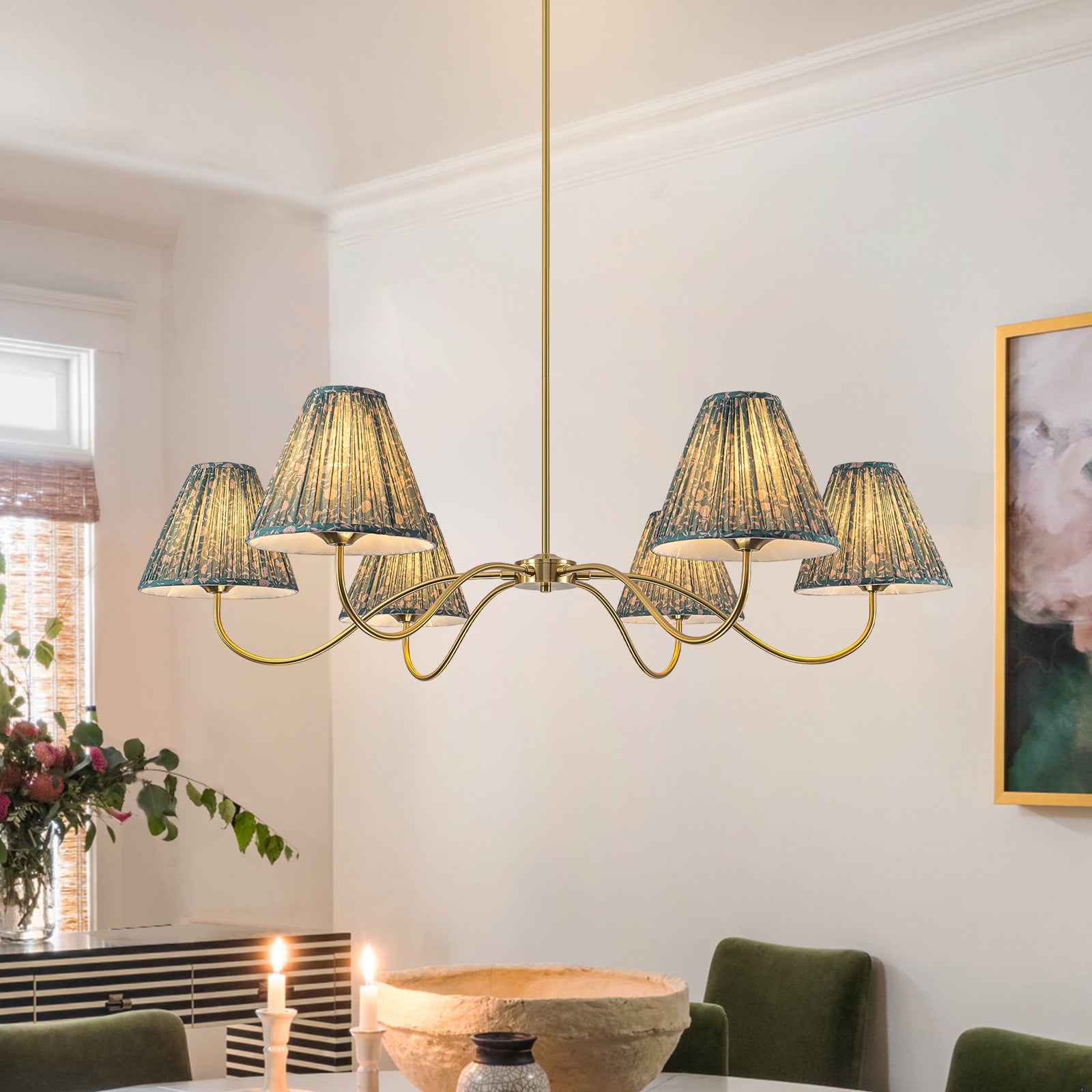 Glowlings 6-Light Vintage 52"Wide Grand Antique Brass Chandelier with Green Floral Fabric Pleated Shades