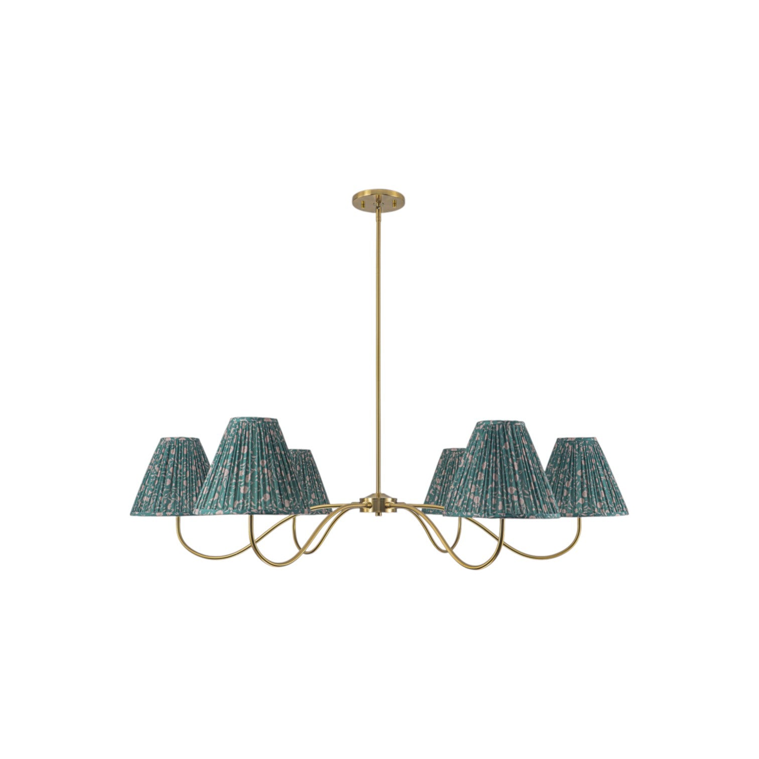 Glowlings 6-Light Vintage 52"Wide Grand Antique Brass Chandelier with Green Floral Fabric Pleated Shades