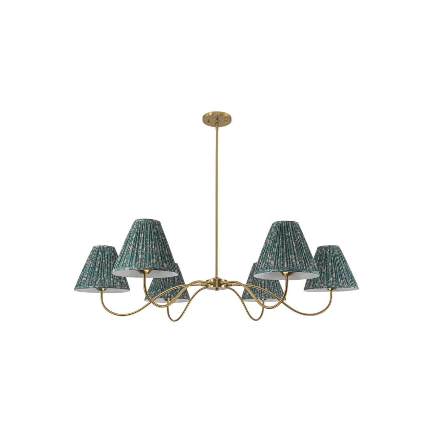 Glowlings 6-Light Vintage 52"Wide Grand Antique Brass Chandelier with Green Floral Fabric Pleated Shades
