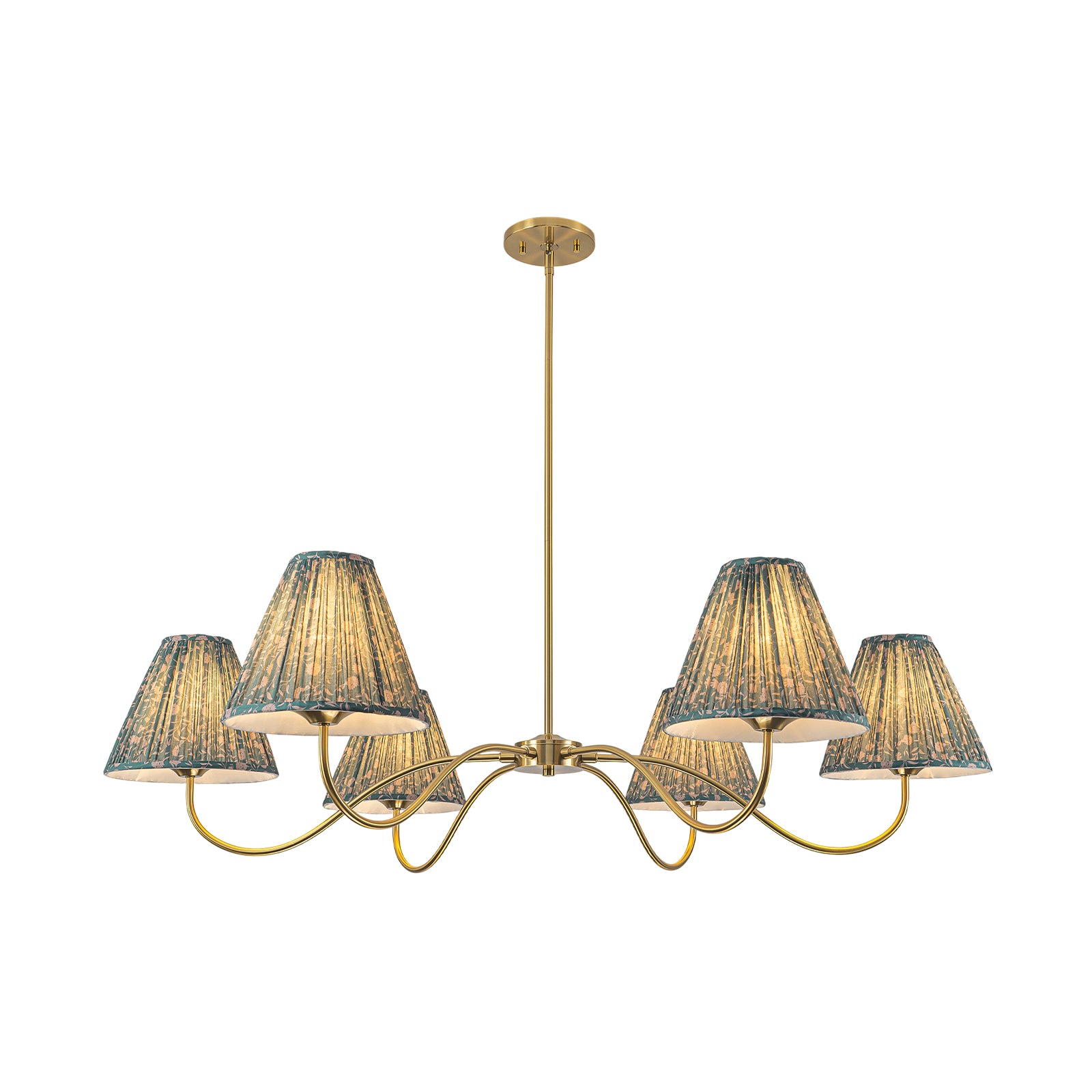 Glowlings 6-Light Vintage 52"Wide Grand Antique Brass Chandelier with Green Floral Fabric Pleated Shades