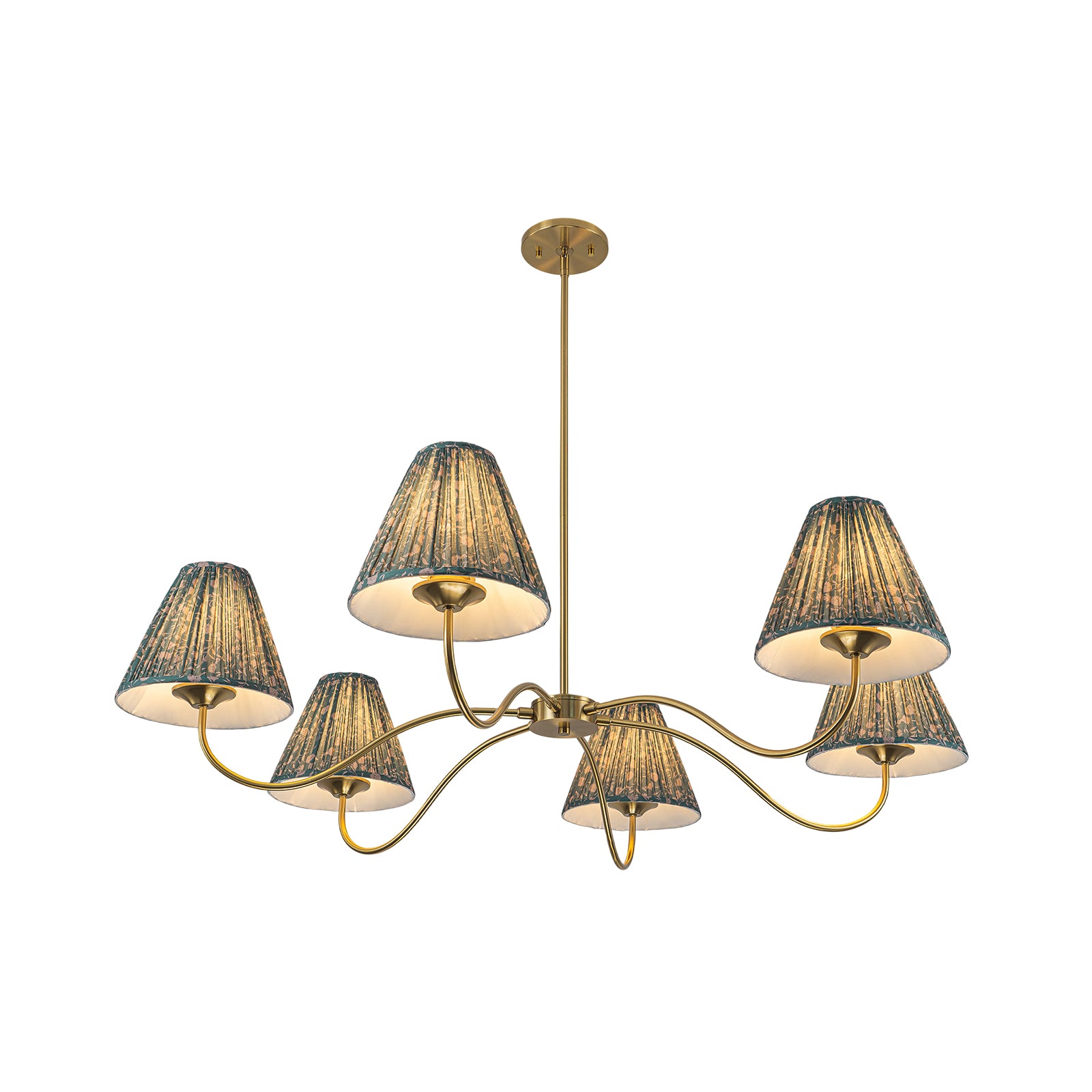 Glowlings 6-Light Vintage 52"Wide Grand Antique Brass Chandelier with Green Floral Fabric Pleated Shades