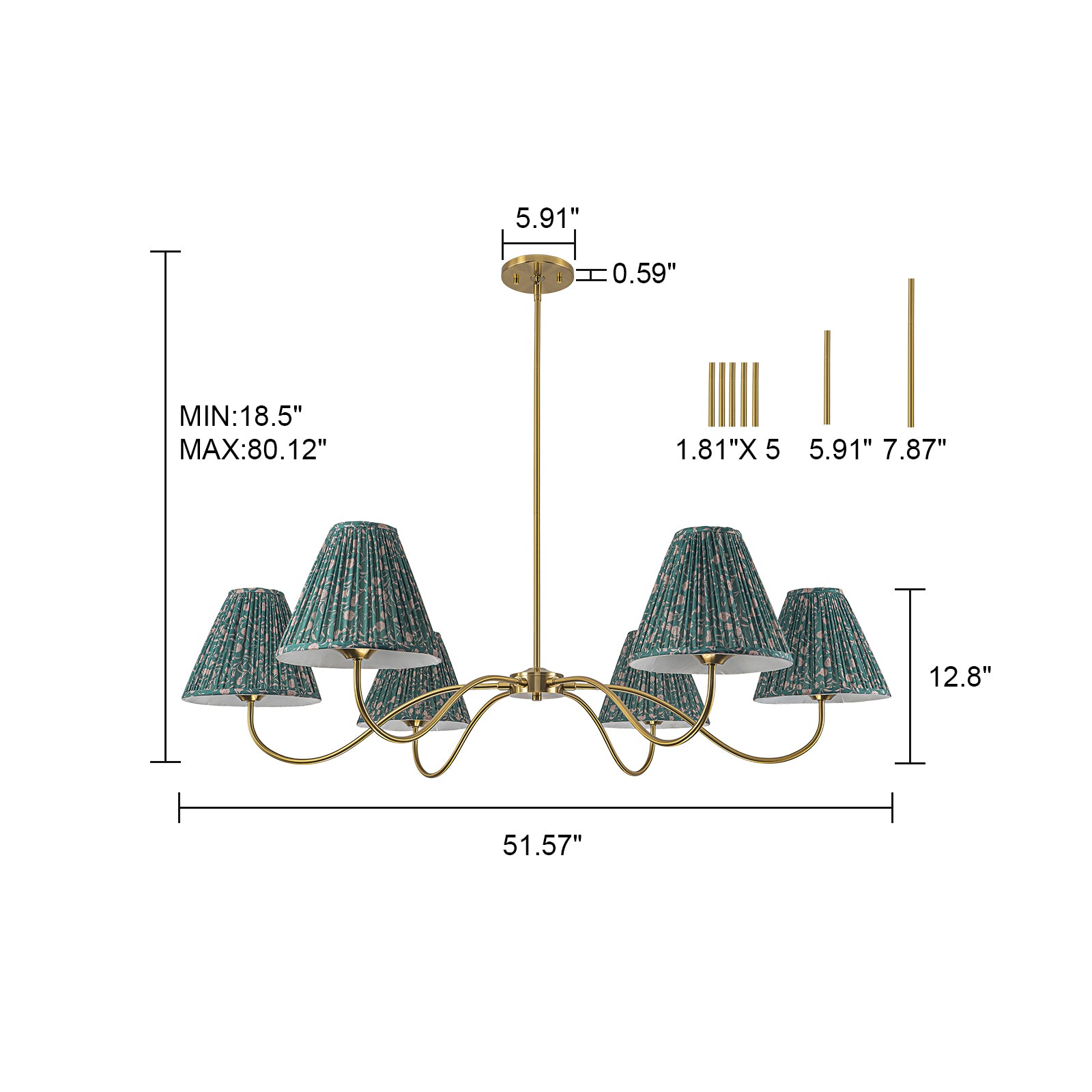 Glowlings 6-Light Vintage 52"Wide Grand Antique Brass Chandelier with Green Floral Fabric Pleated Shades