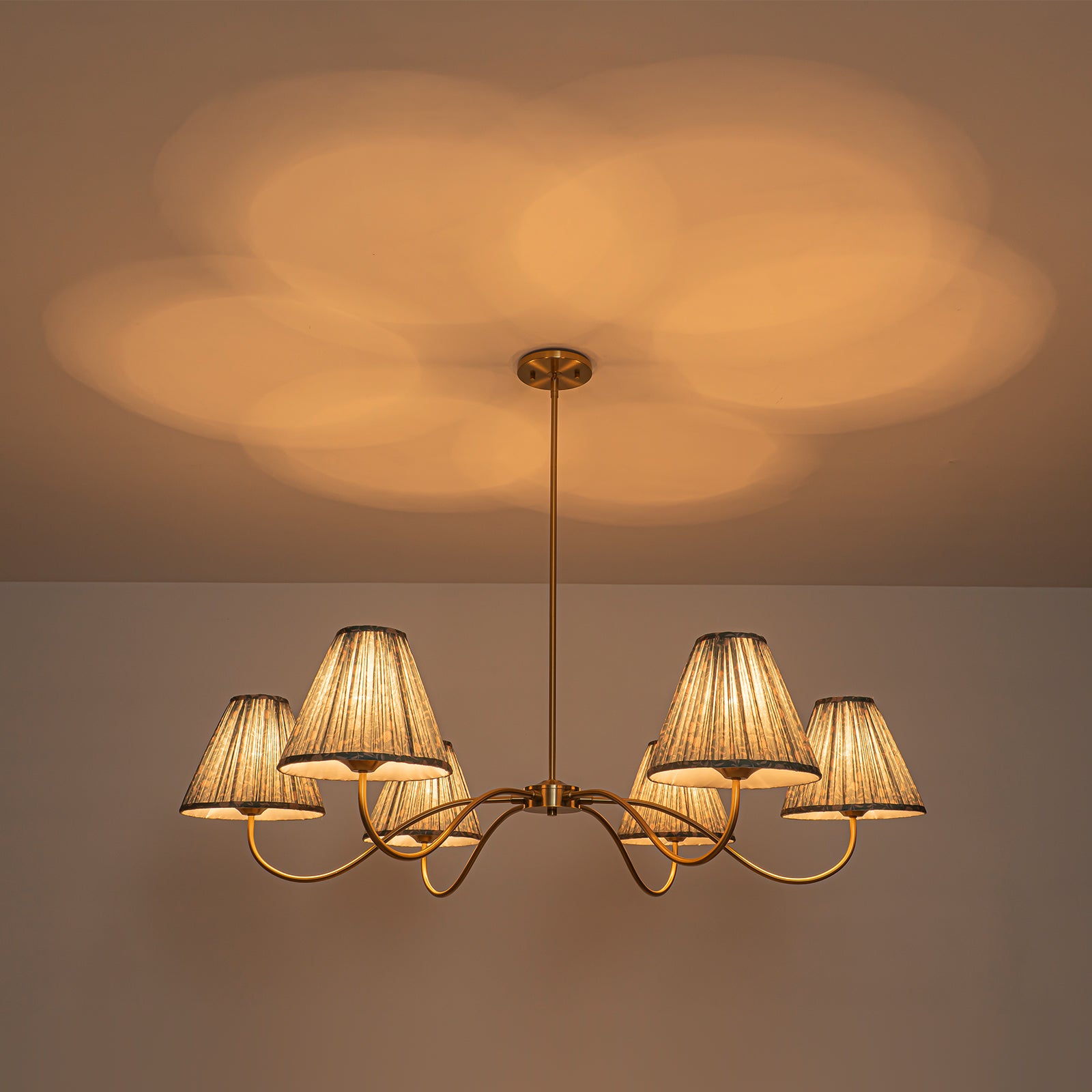 Glowlings 6-Light Vintage 52"Wide Grand Antique Brass Chandelier with Green Floral Fabric Pleated Shades