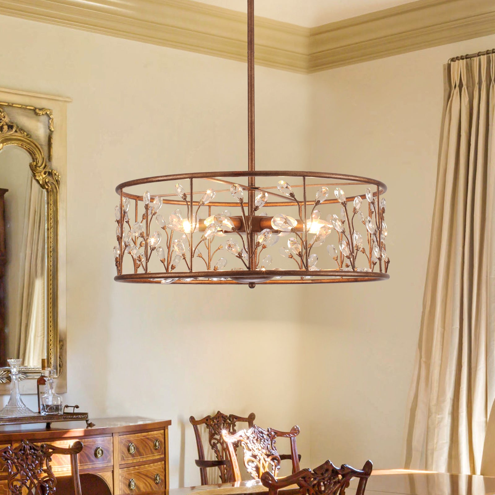 Glowlings 6-Light Vintage 24"Wide Rust Branch Crystal Drum Chandelier/Semi Flush Mount