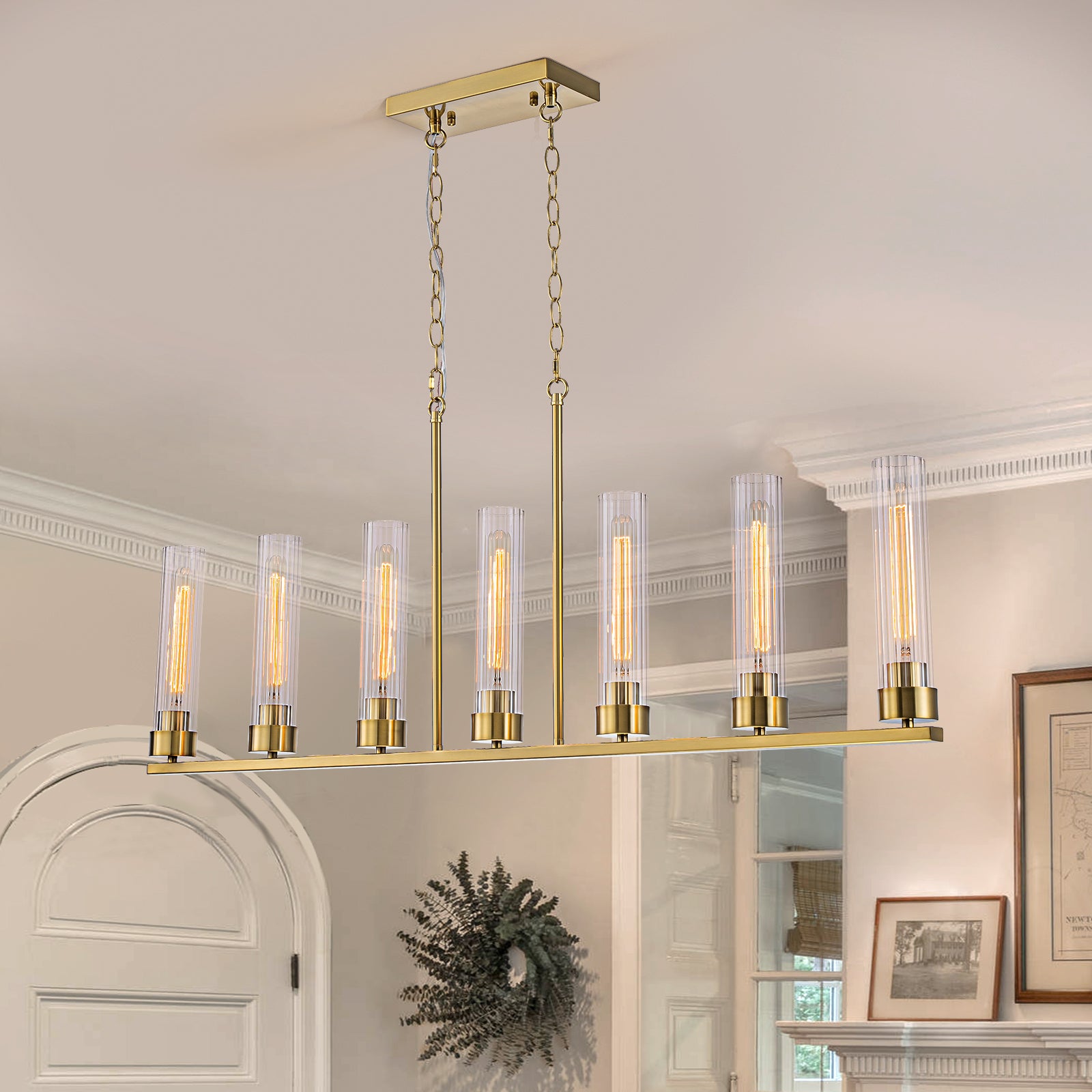 Glowlings 7-Light Modern 45"Wide Large Brass Linear Clear Ribbed Glass Chandelier