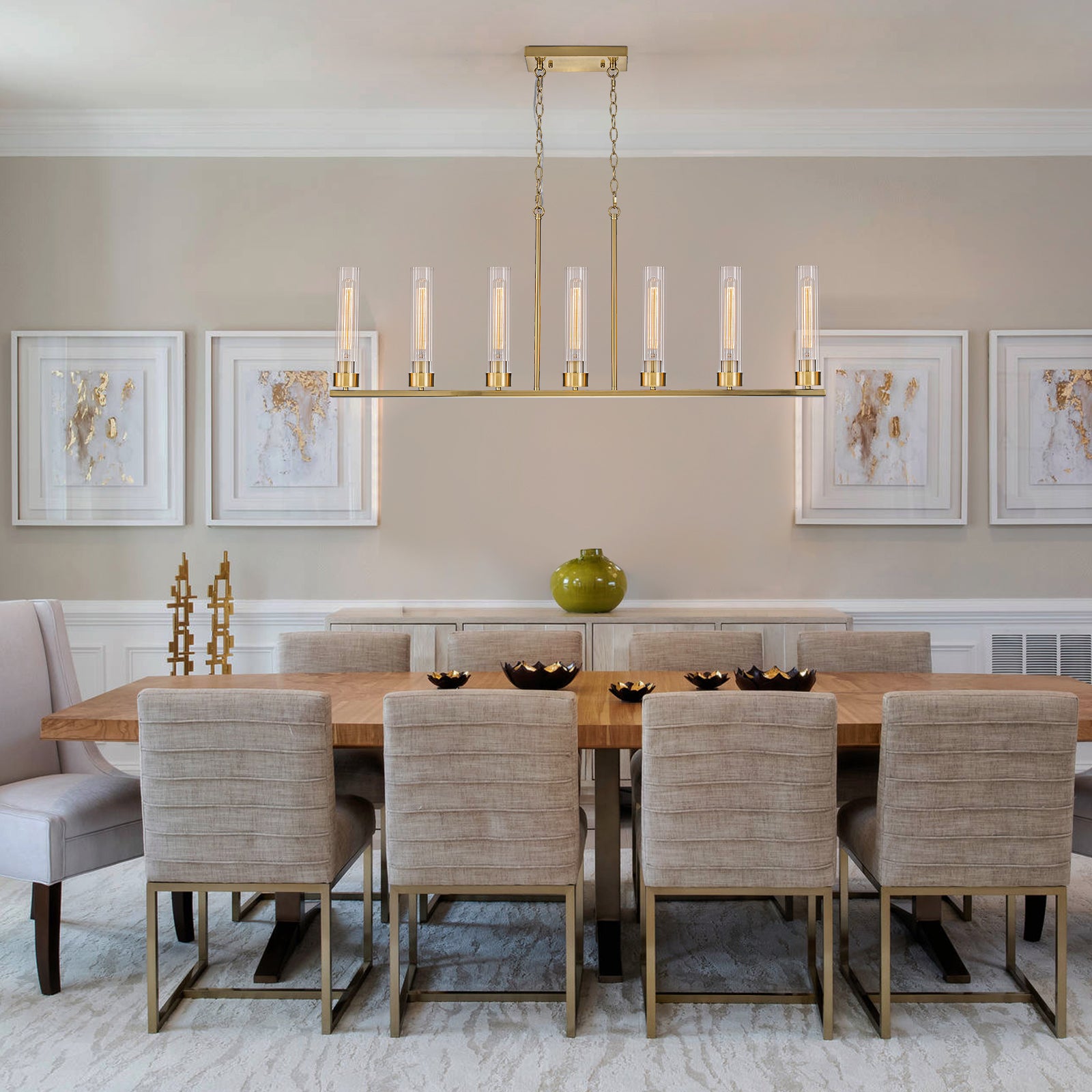 Glowlings 7-Light Modern 45"Wide Large Brass Linear Clear Ribbed Glass Chandelier