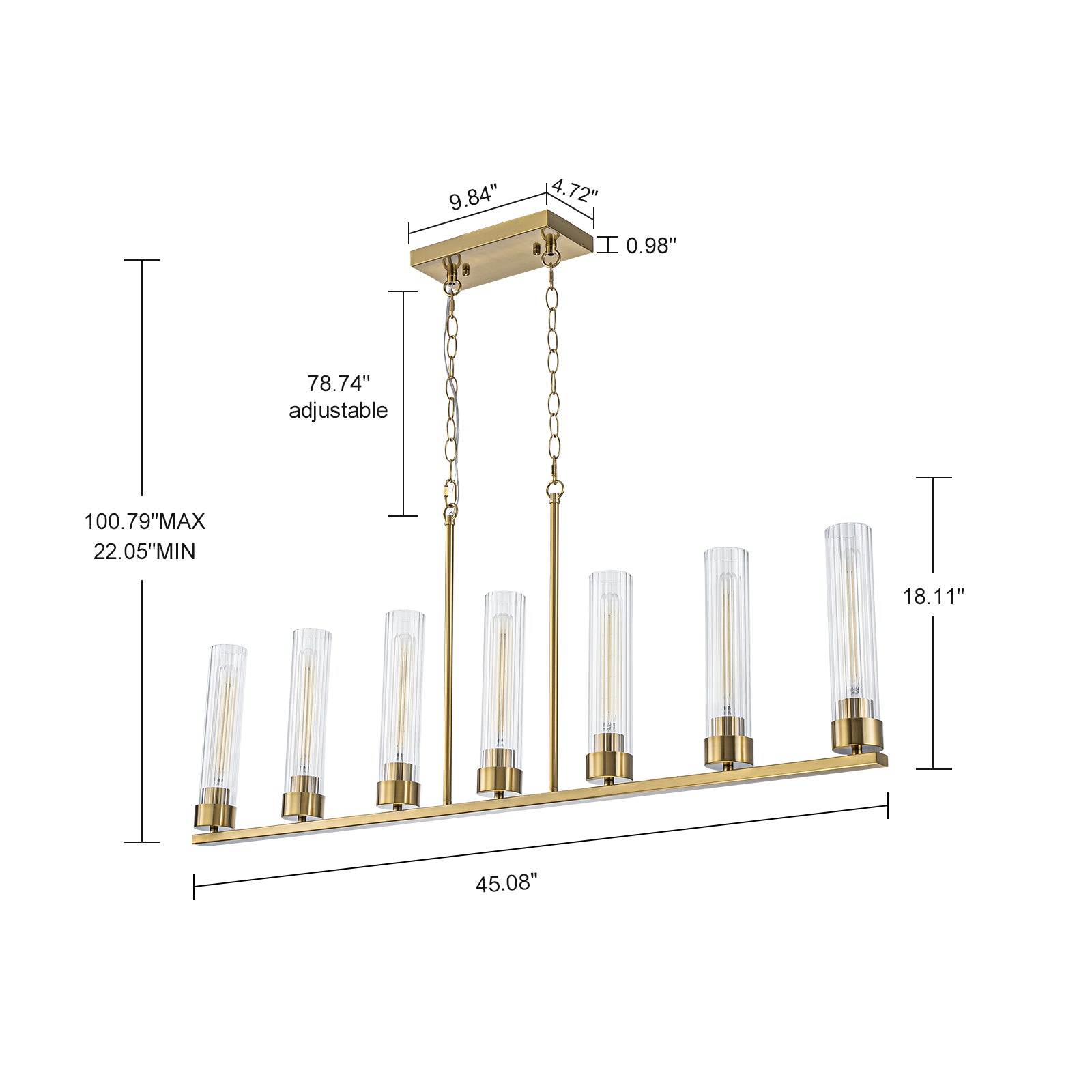 Glowlings 7-Light Modern 45"Wide Large Brass Linear Clear Ribbed Glass Chandelier
