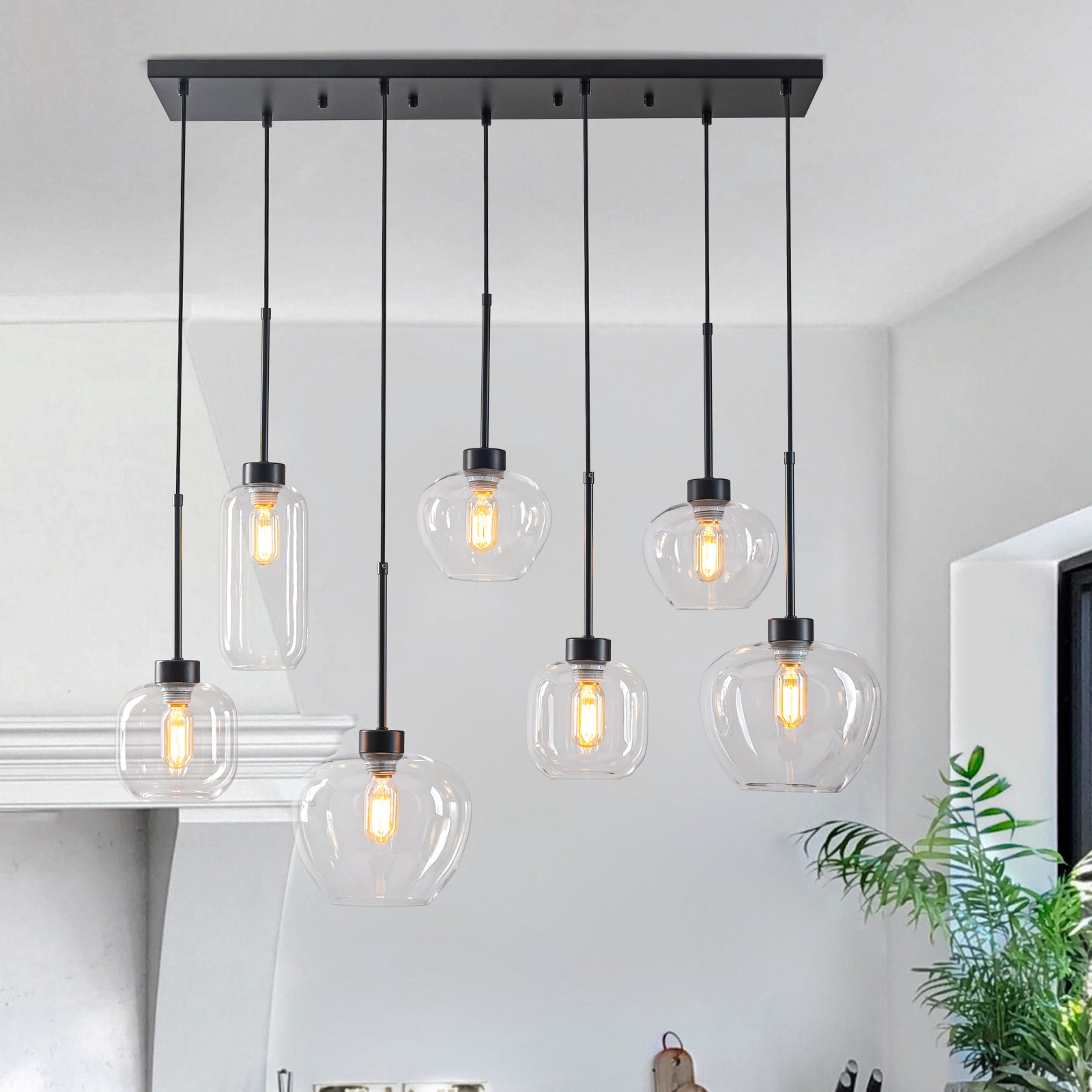 Glowlings 7-Light Modern 39"Wide Linear Cluster Clear Glass Pendant Light for Kitchen Island