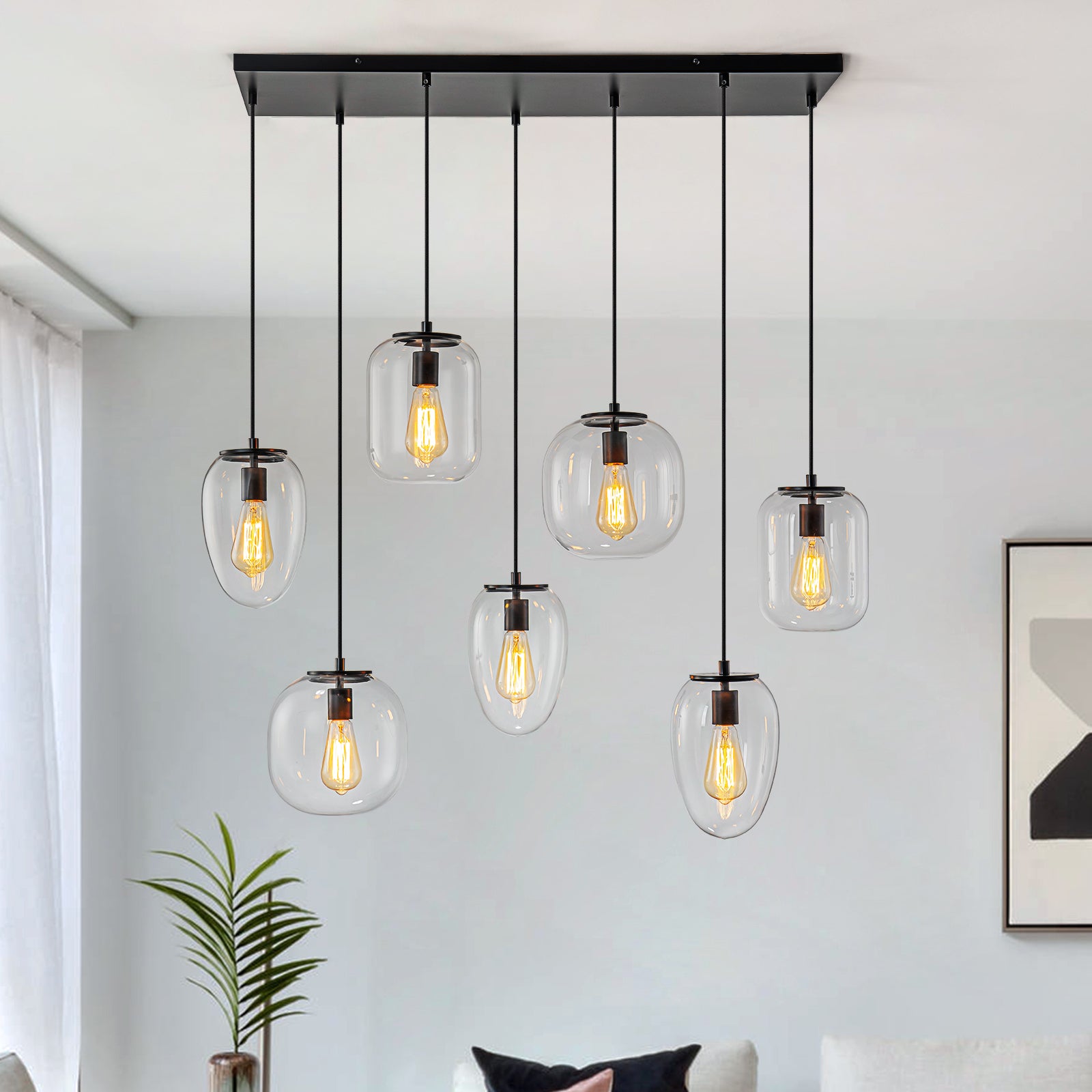 Glowlings 7-Light Modern 35"Wide Linear Cluster Clear Glass Pendant Light Island Light