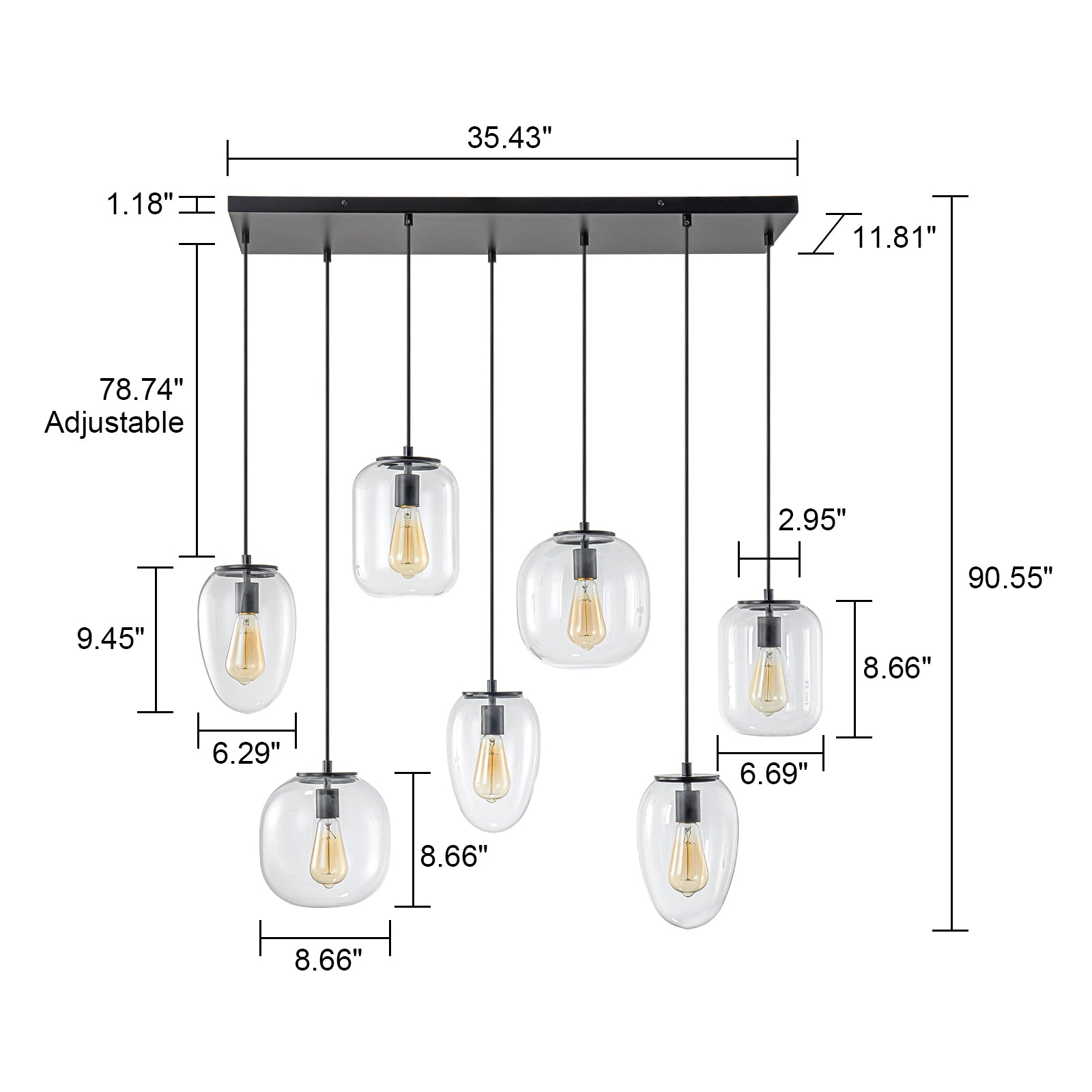 Glowlings 7-Light Modern 35"Wide Linear Cluster Clear Glass Pendant Light Island Light