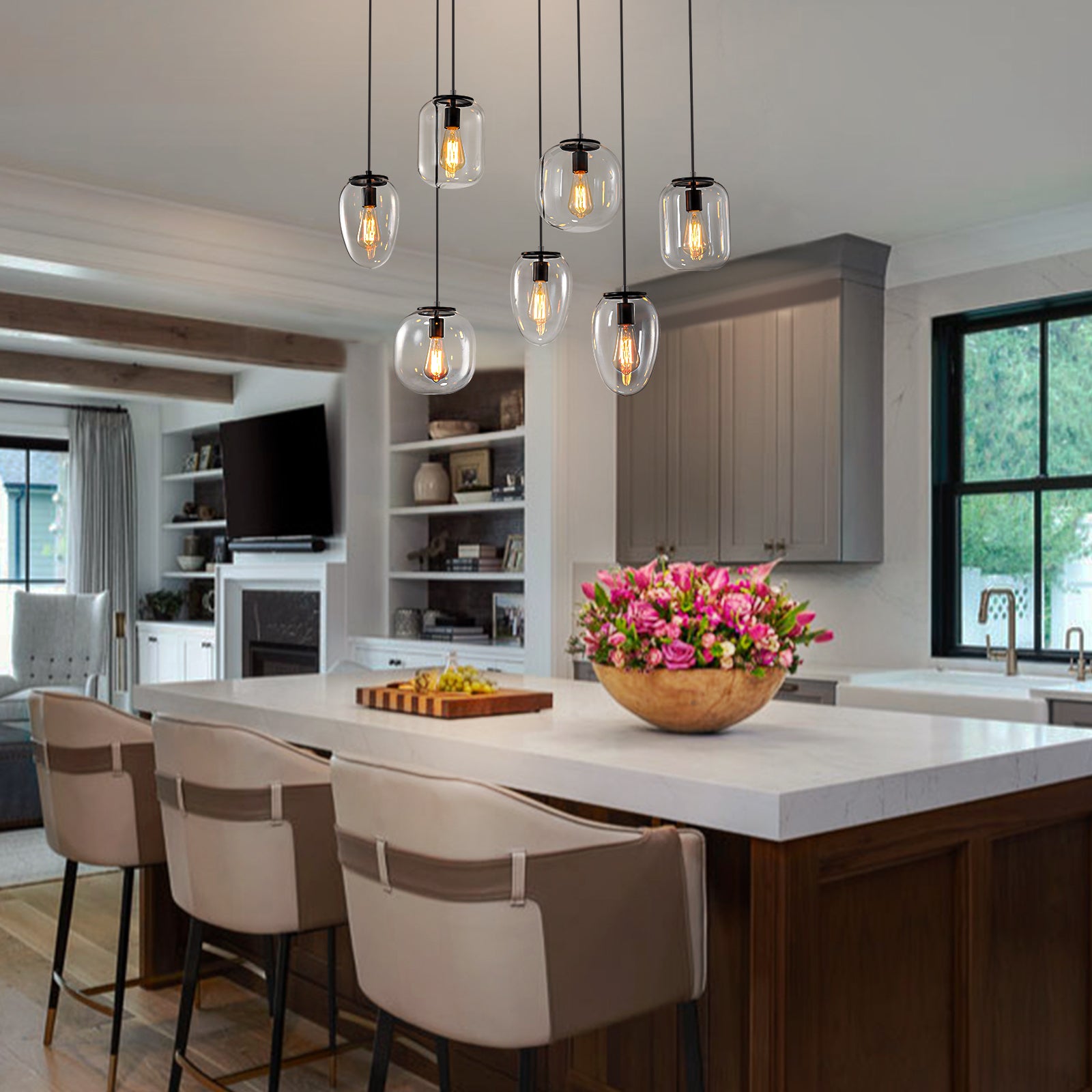 Glowlings 7-Light Modern 35"Wide Linear Cluster Clear Glass Pendant Light Island Light