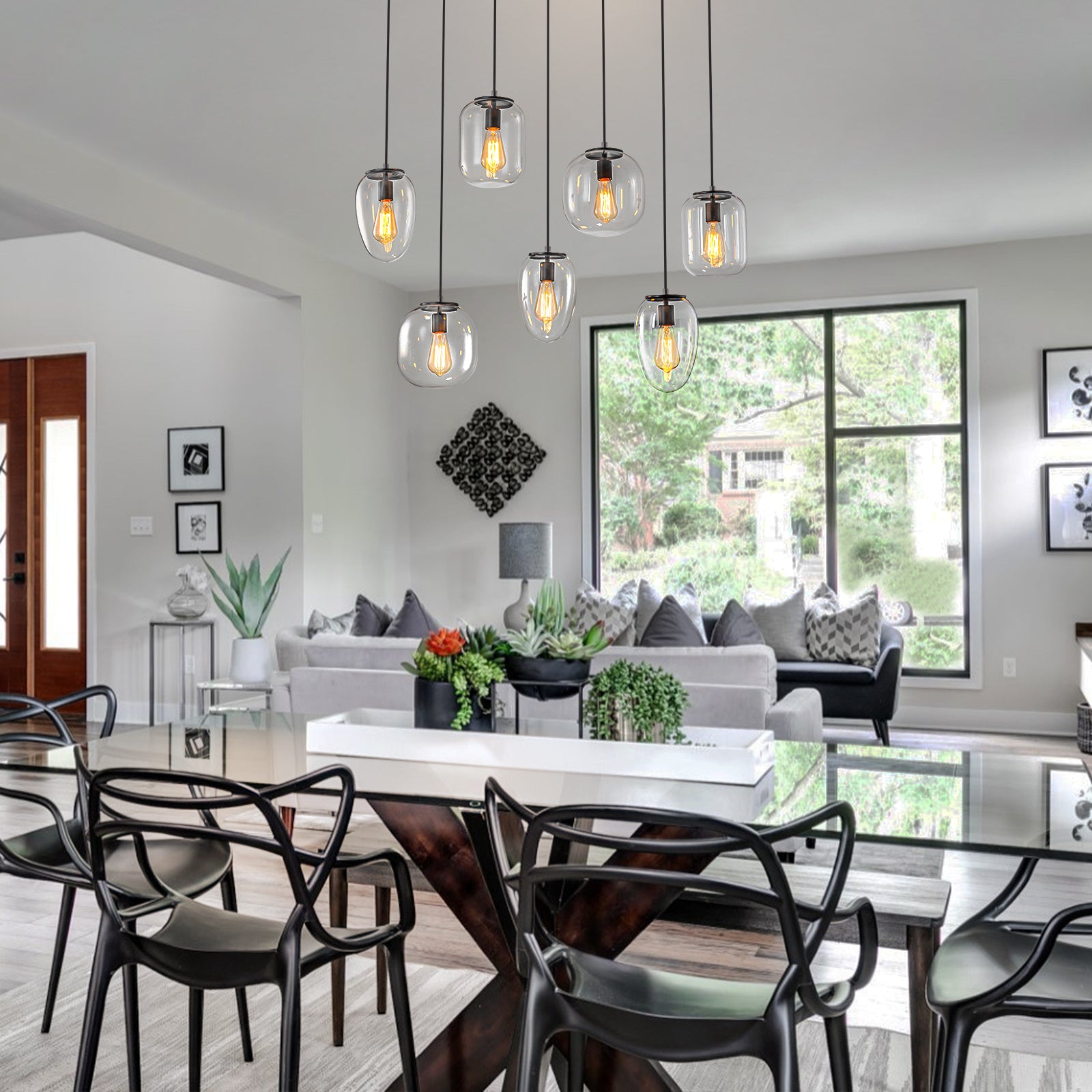 Glowlings 7-Light Modern 35"Wide Linear Cluster Clear Glass Pendant Light Island Light
