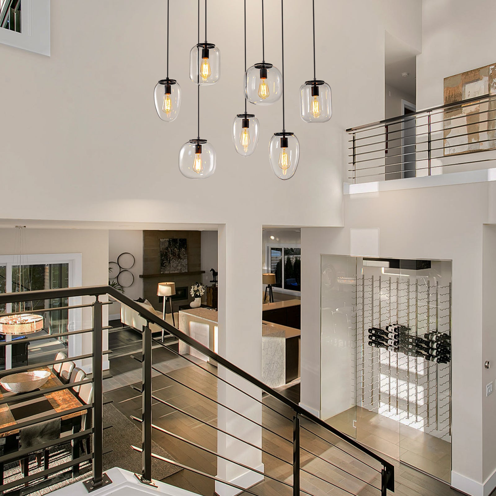 Glowlings 7-Light Modern 35"Wide Linear Cluster Clear Glass Pendant Light Island Light
