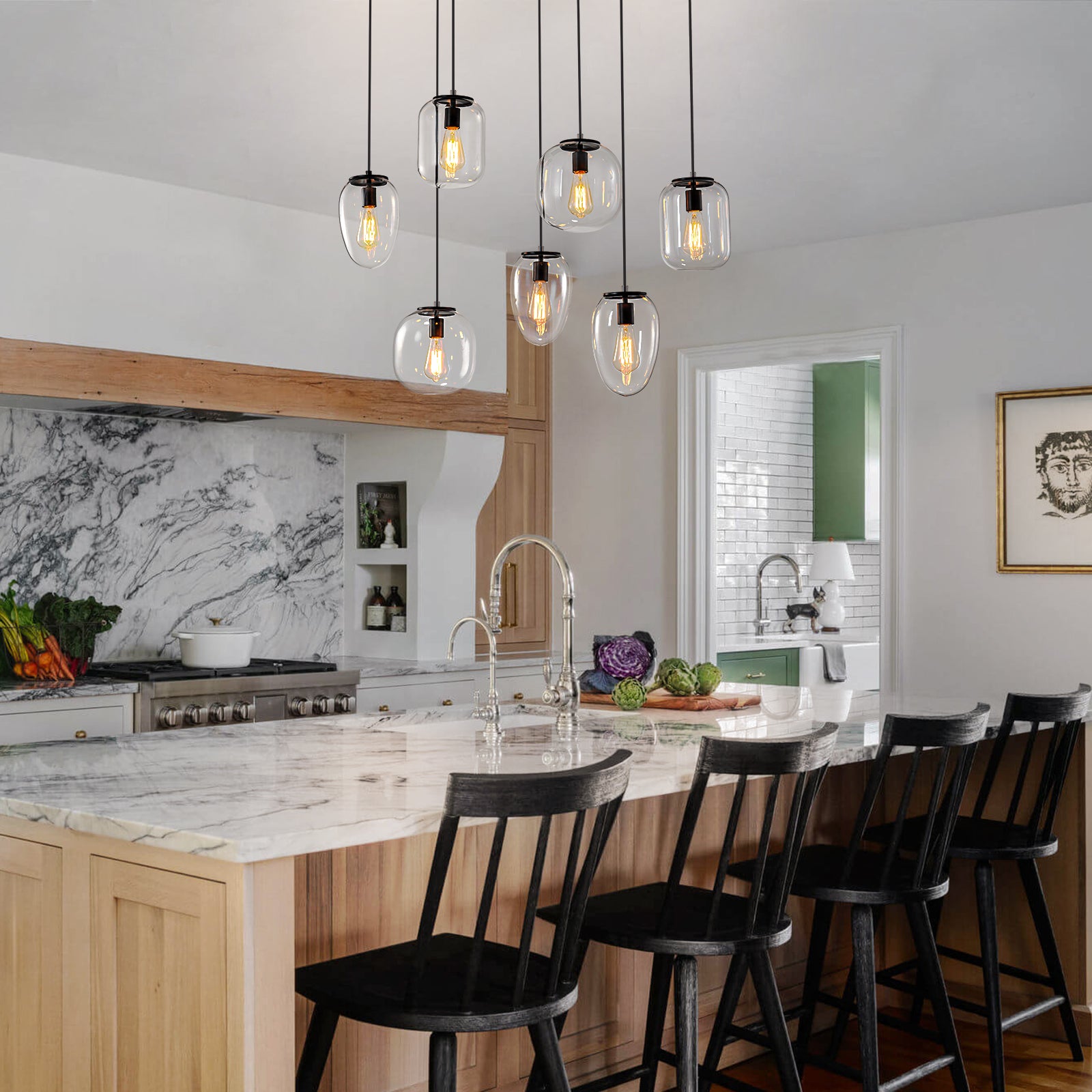 Glowlings 7-Light Modern 35"Wide Linear Cluster Clear Glass Pendant Light Island Light