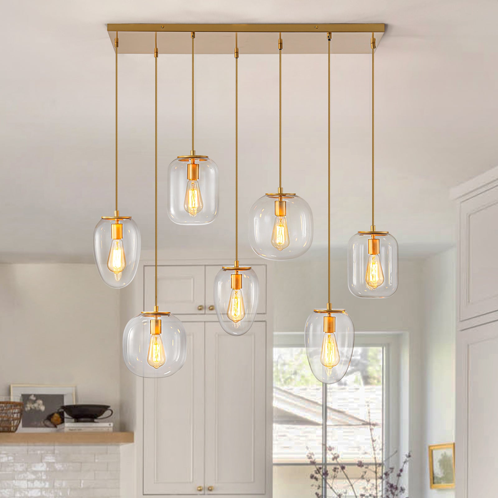 Glowlings 7-Light Modern 35"Wide Linear Cluster Clear Glass Pendant Light Island Light