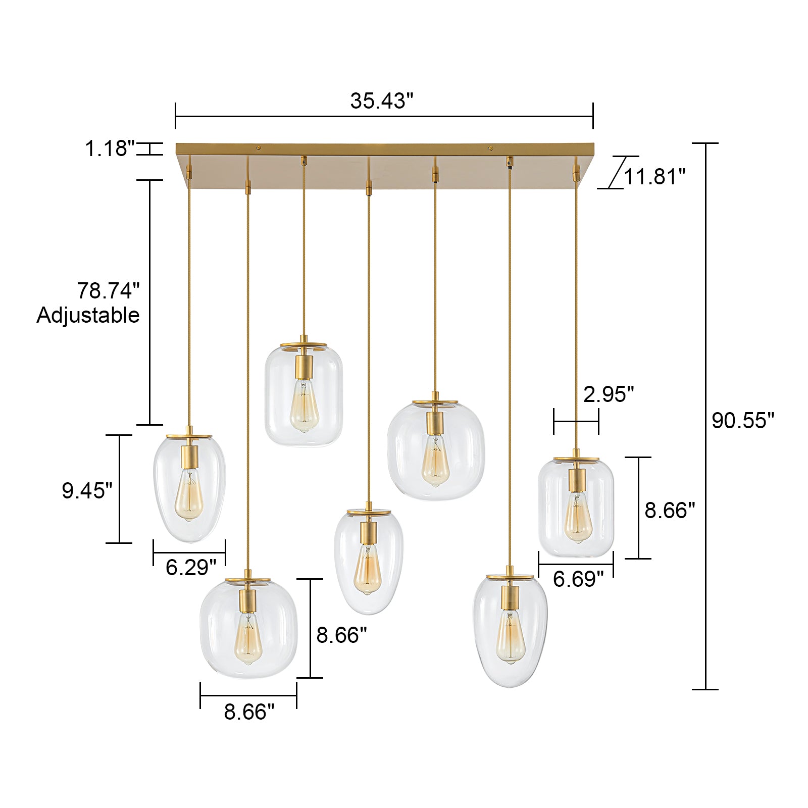 Glowlings 7-Light Modern 35"Wide Linear Cluster Clear Glass Pendant Light Island Light