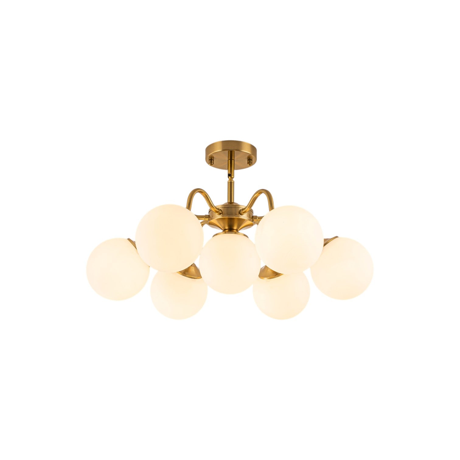 Glowlings 7-Light Modern Sputnik Semi-Flush Mount Ceiling Light, Brushed Brass & Opal Glass Globes