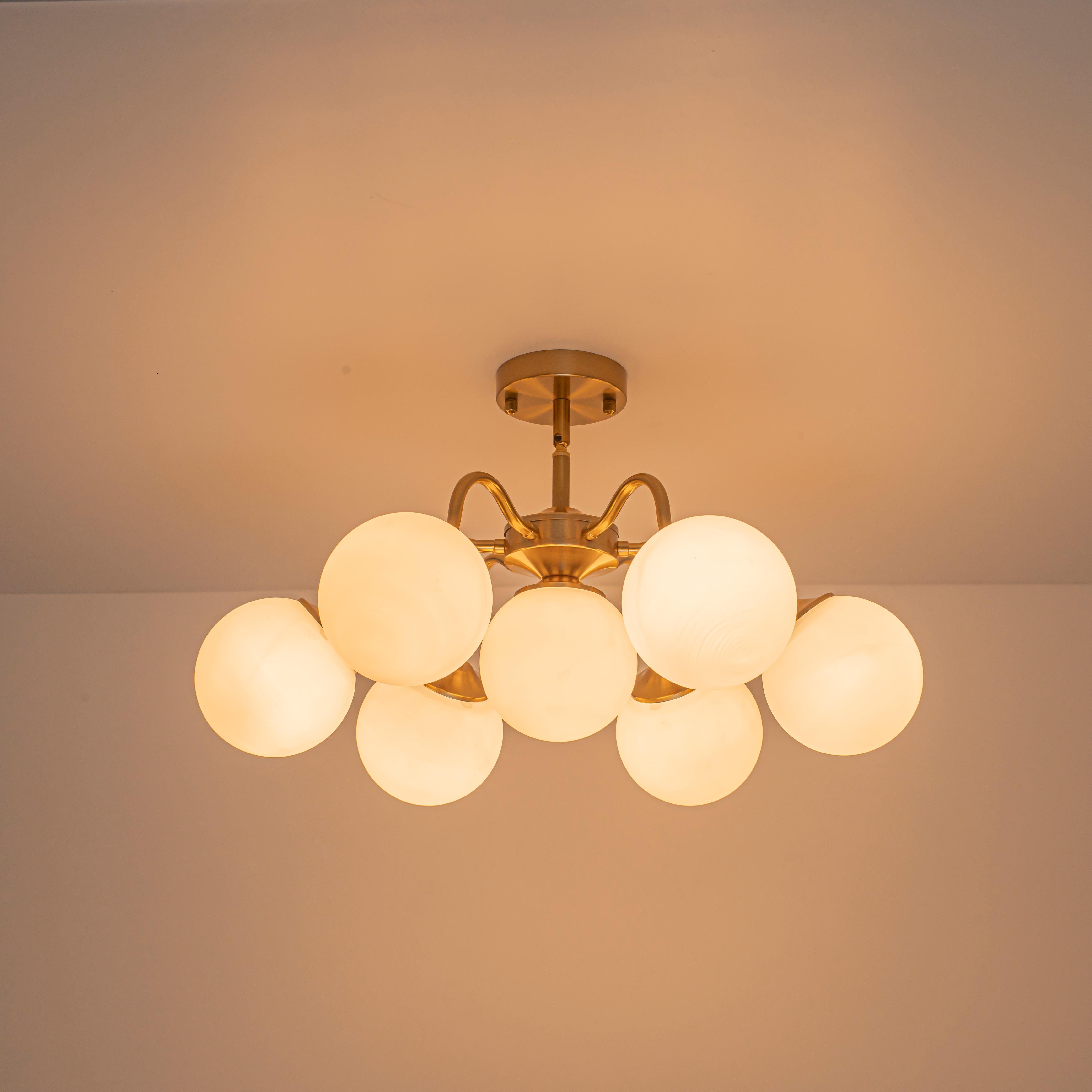 Glowlings 7-Light Modern Sputnik Semi-Flush Mount Ceiling Light, Brushed Brass & Opal Glass Globes