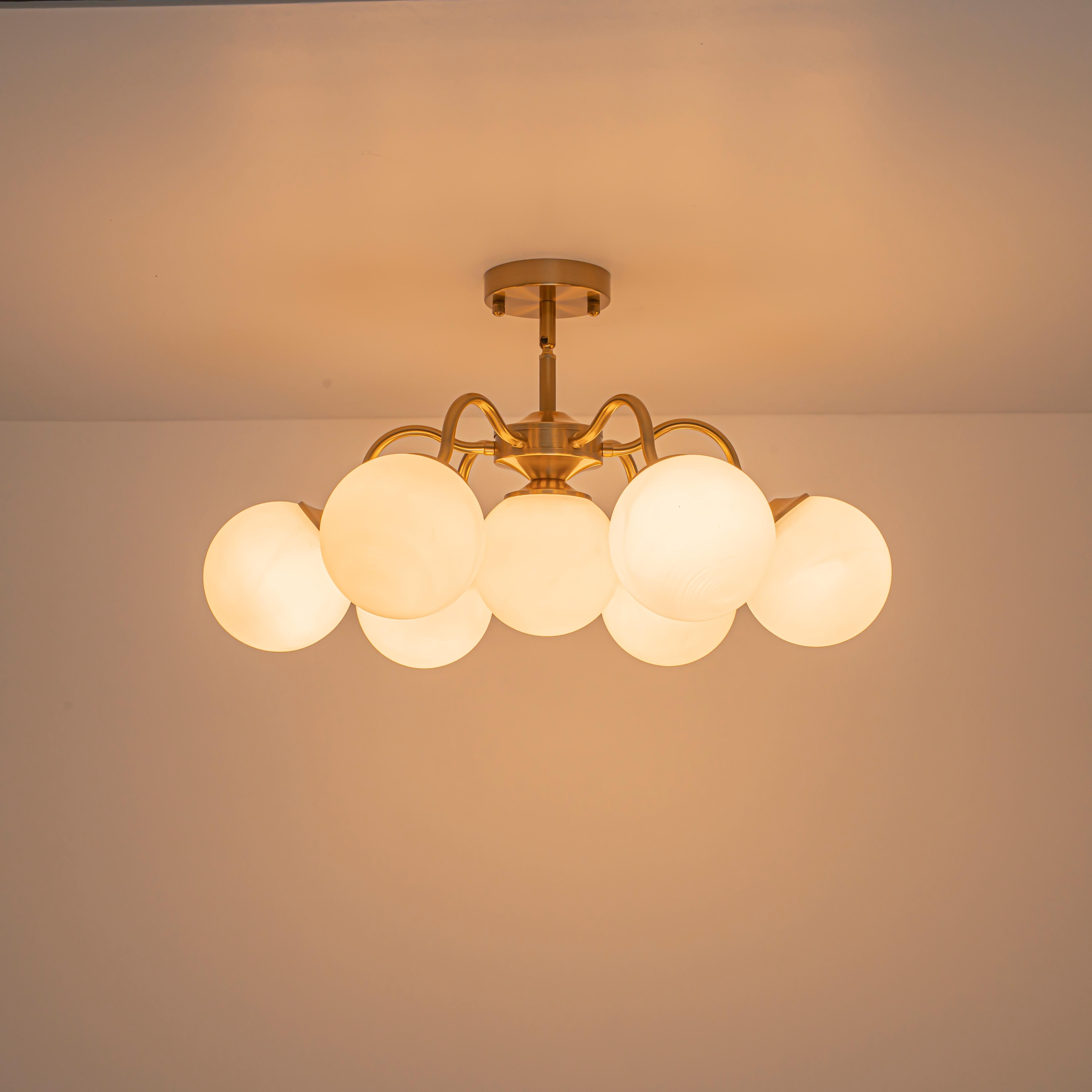 Glowlings 7-Light Modern Sputnik Semi-Flush Mount Ceiling Light, Brushed Brass & Opal Glass Globes