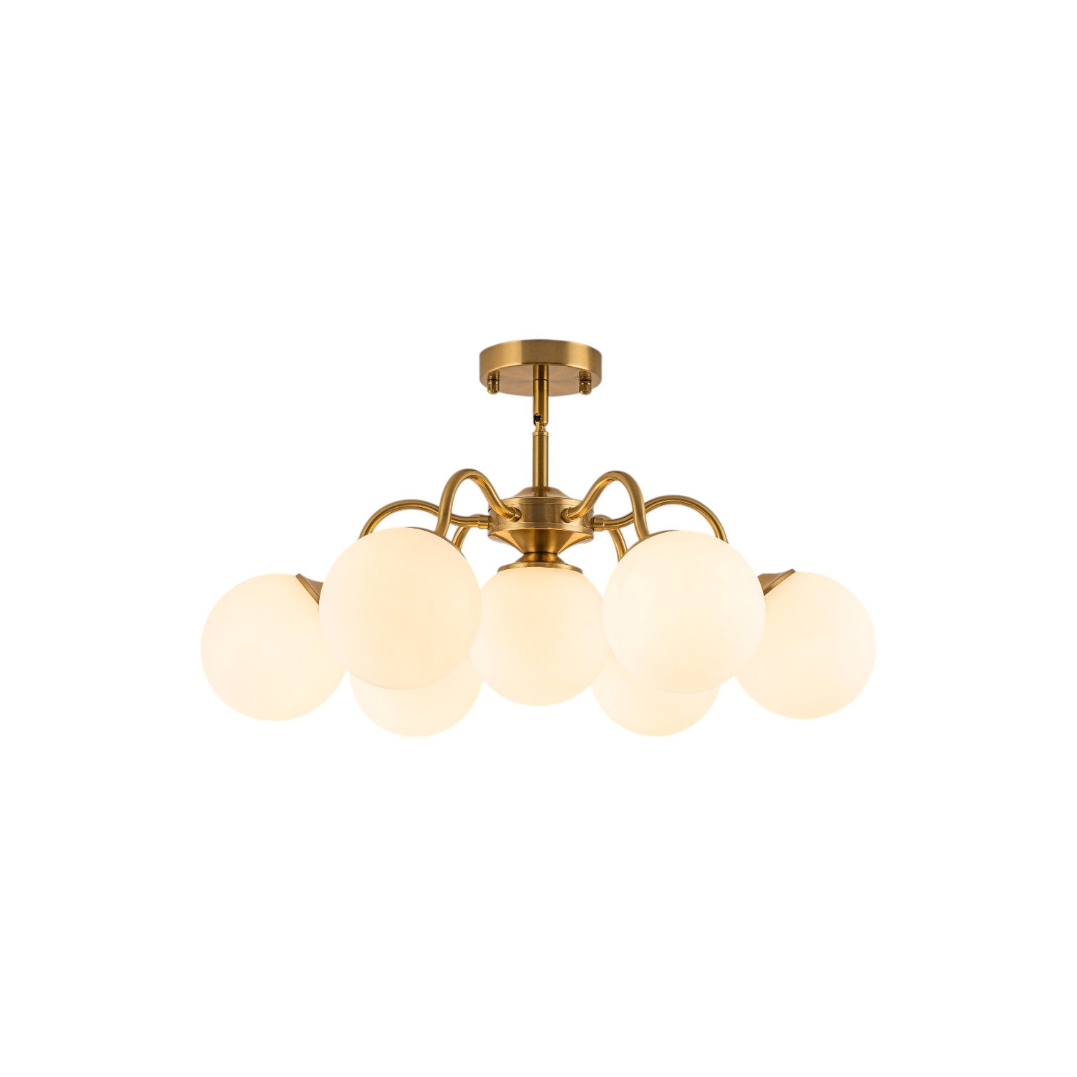 Glowlings 7-Light Modern Sputnik Semi-Flush Mount Ceiling Light, Brushed Brass & Opal Glass Globes