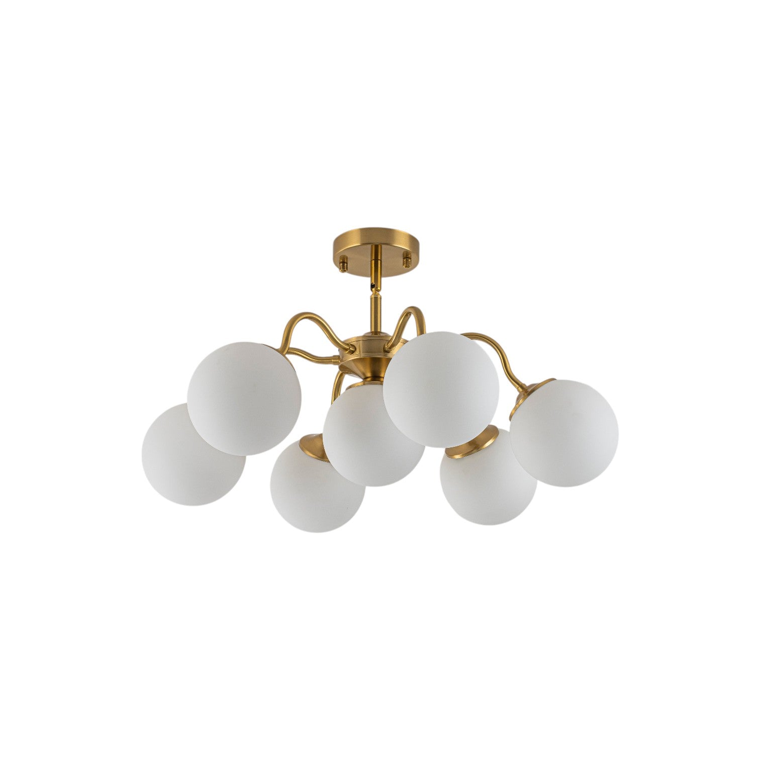 Glowlings 7-Light Modern Sputnik Semi-Flush Mount Ceiling Light, Brushed Brass & Opal Glass Globes