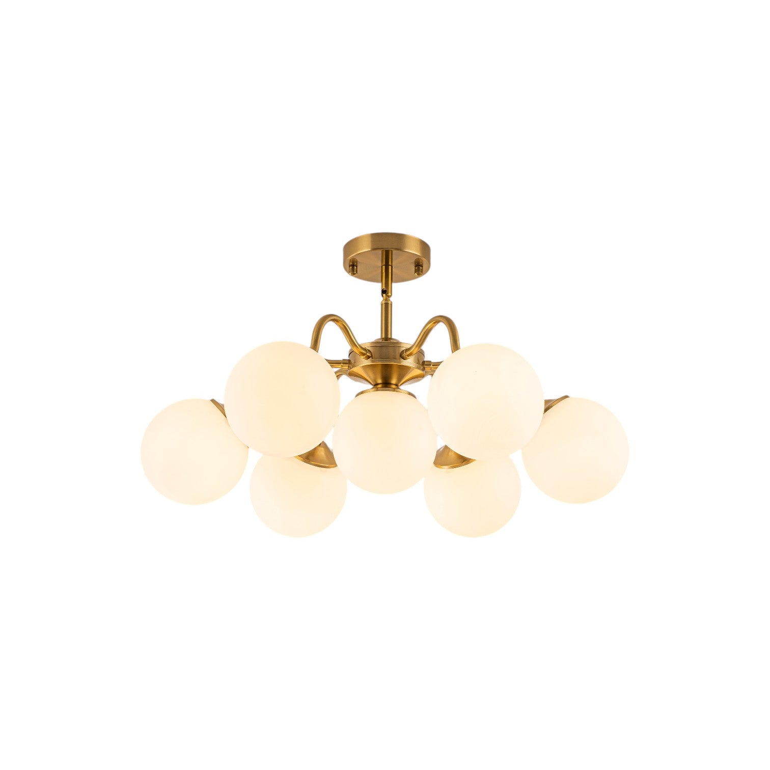 Glowlings 7-Light Modern Sputnik Semi-Flush Mount Ceiling Light, Brushed Brass & Opal Glass Globes
