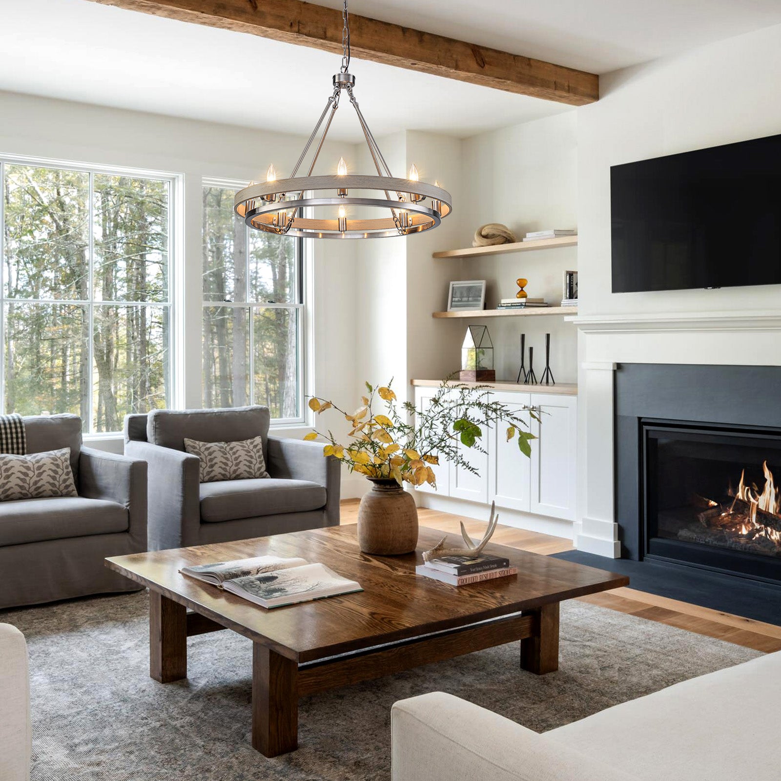 Glowlings 8-Light Farmhouse 29"Wide Ring Nickel Wooden Candelabra Chandelier