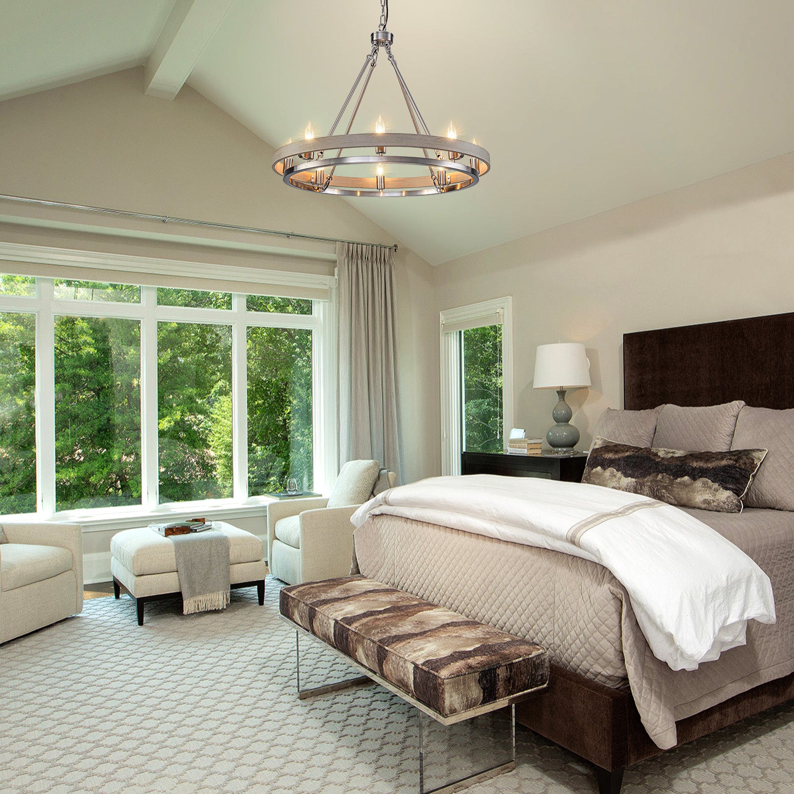 Glowlings 8-Light Farmhouse 29"Wide Ring Nickel Wooden Candelabra Chandelier